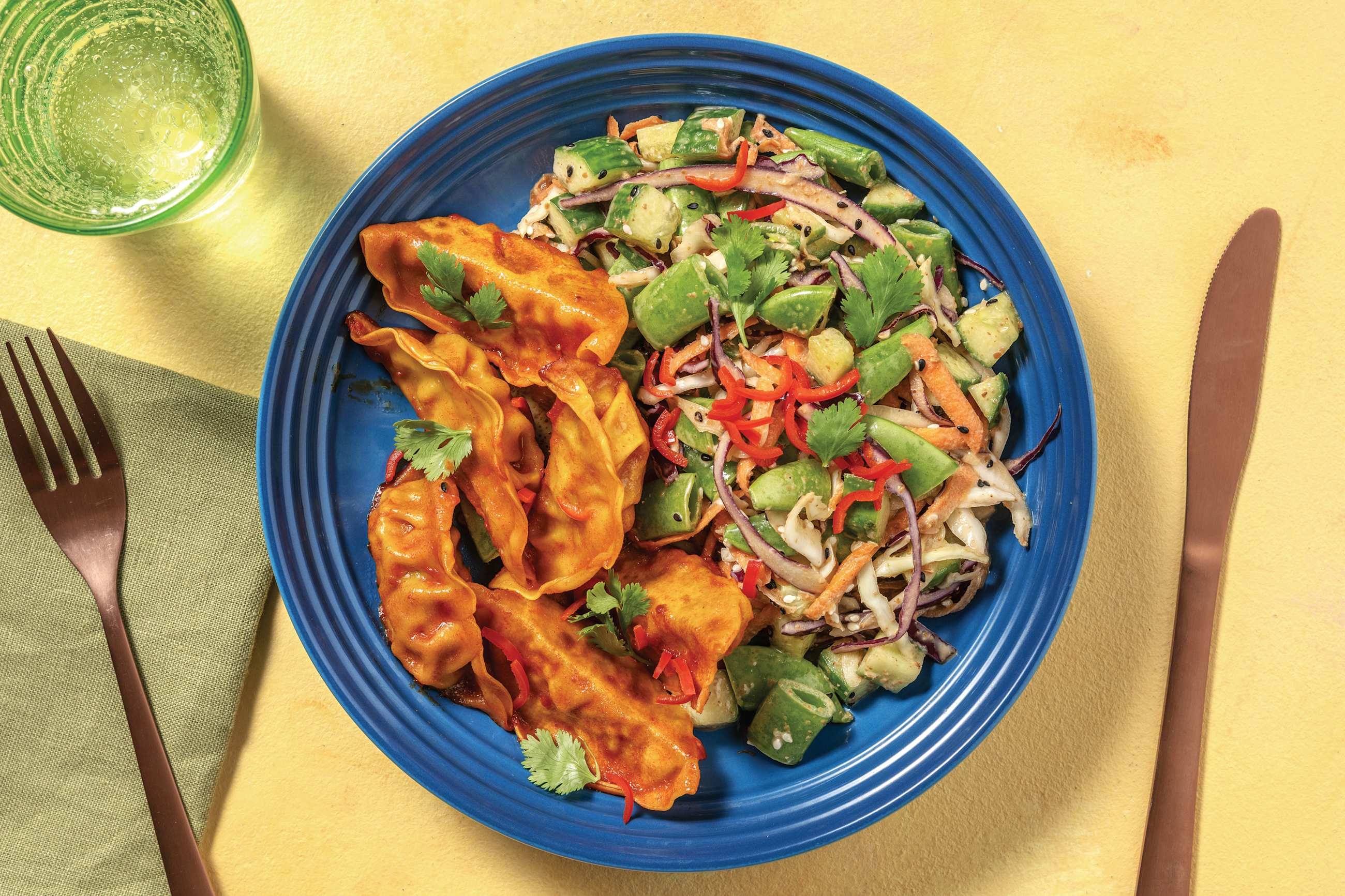 Sichuan Prawn Dumplings with Sesame Slaw