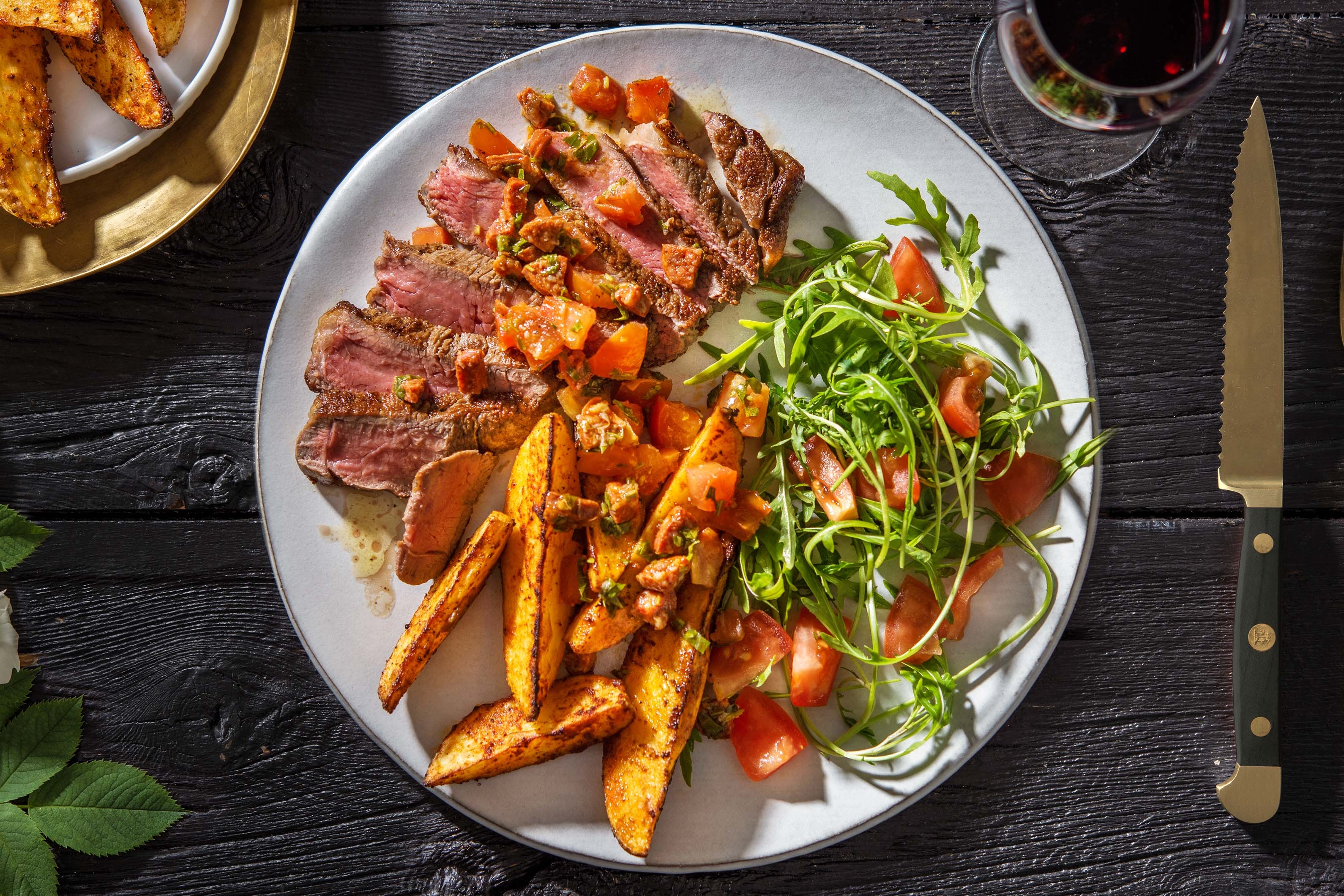 Sirloin Steak, Smoky Wedges & Chorizo Salsa