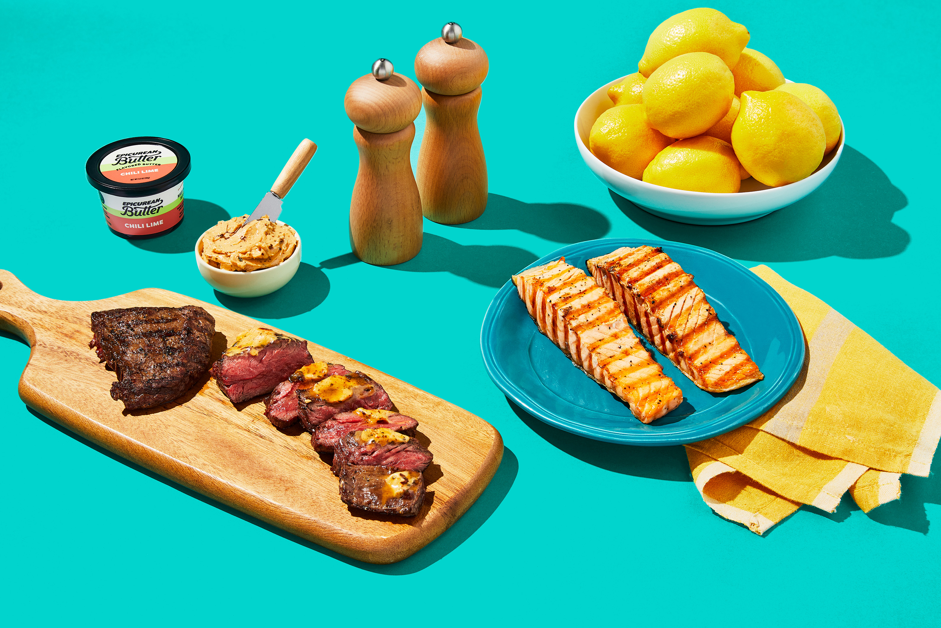 Sizzlin’ Steak, Salmon & Chili Lime Butter