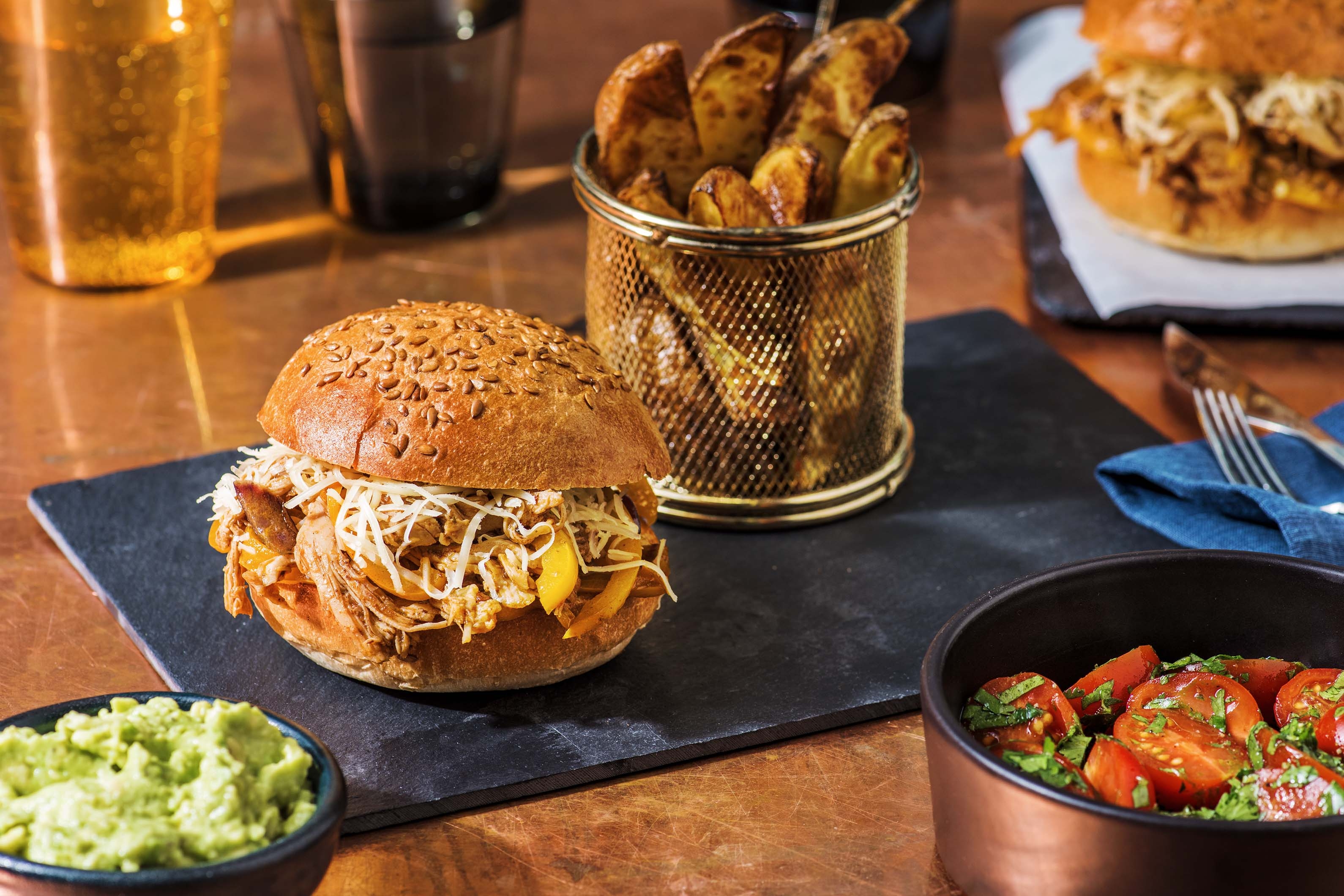 Sloppy Jose Pulled Chicken and Cheese Burger