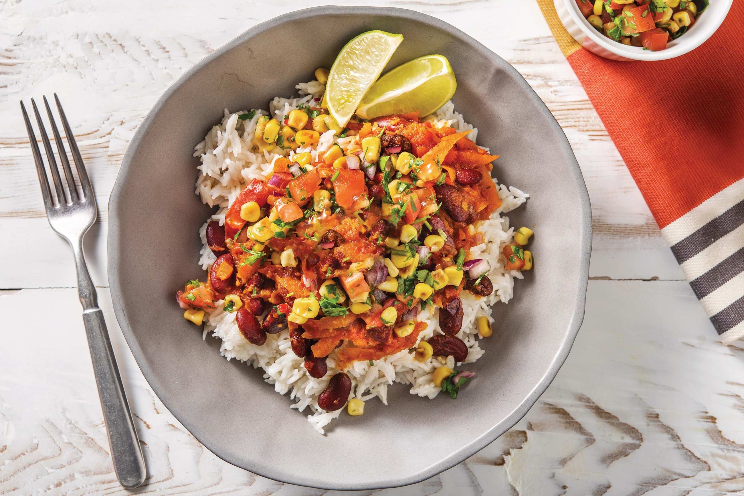 Smokey Bean Chilli with Corn Salsa and Coconut Rice