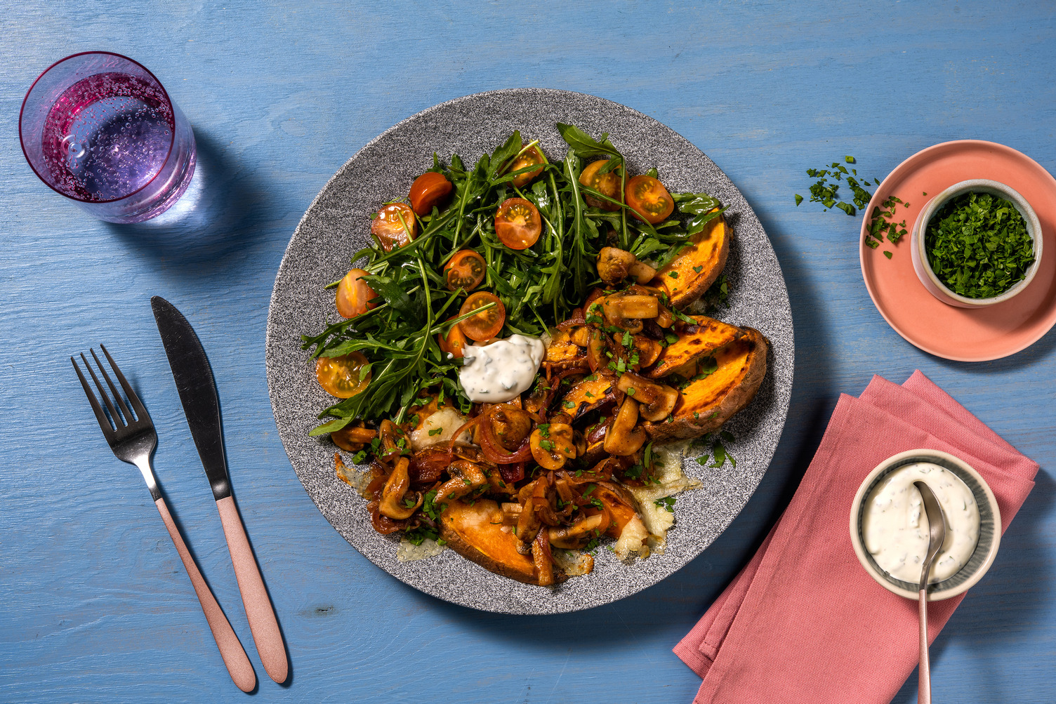 Smoky BBQ-Pilze mit gratinierten Süsskartoffeln