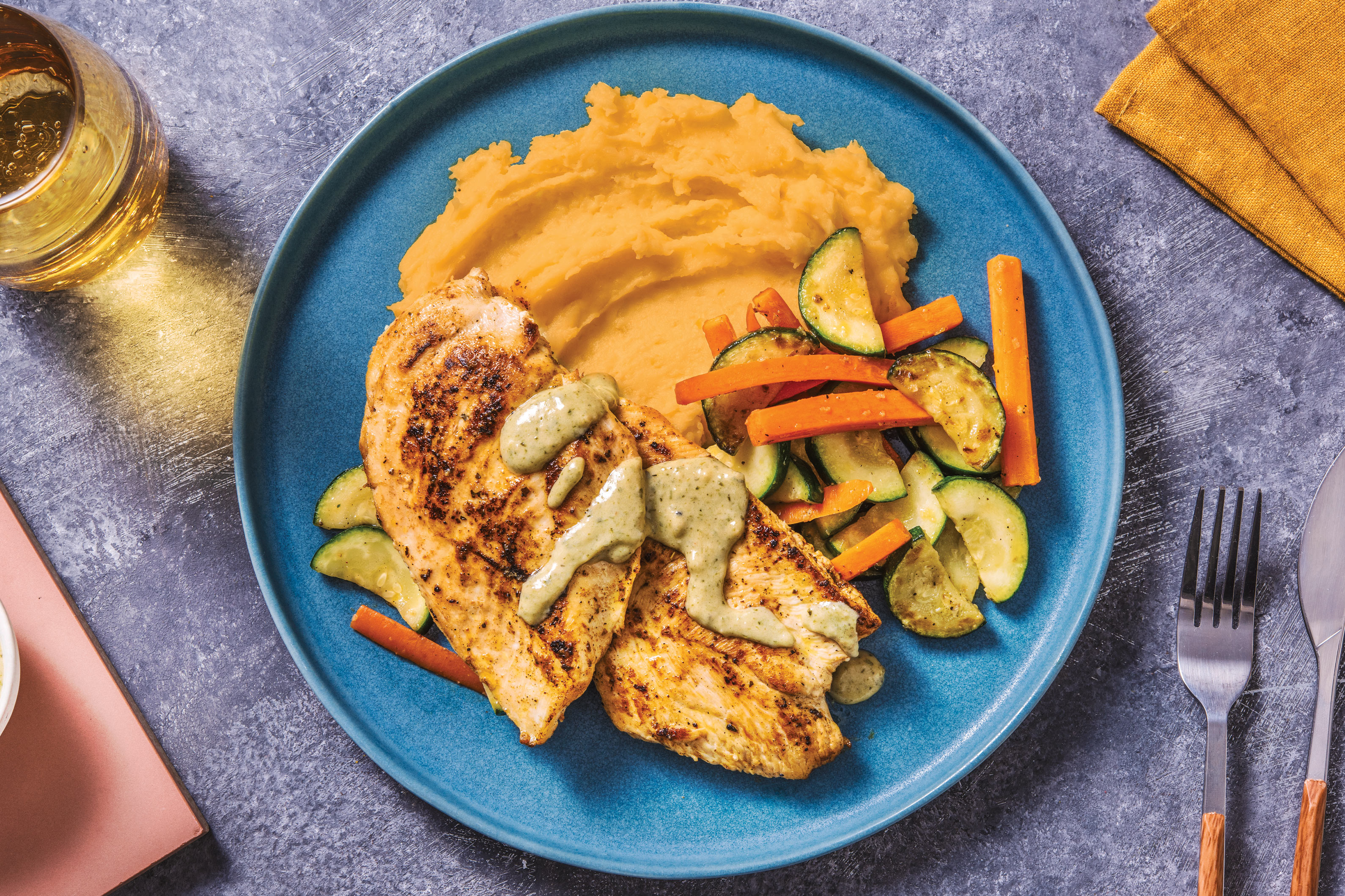Spiced Chicken & Cheesy Sweet Potato Mash