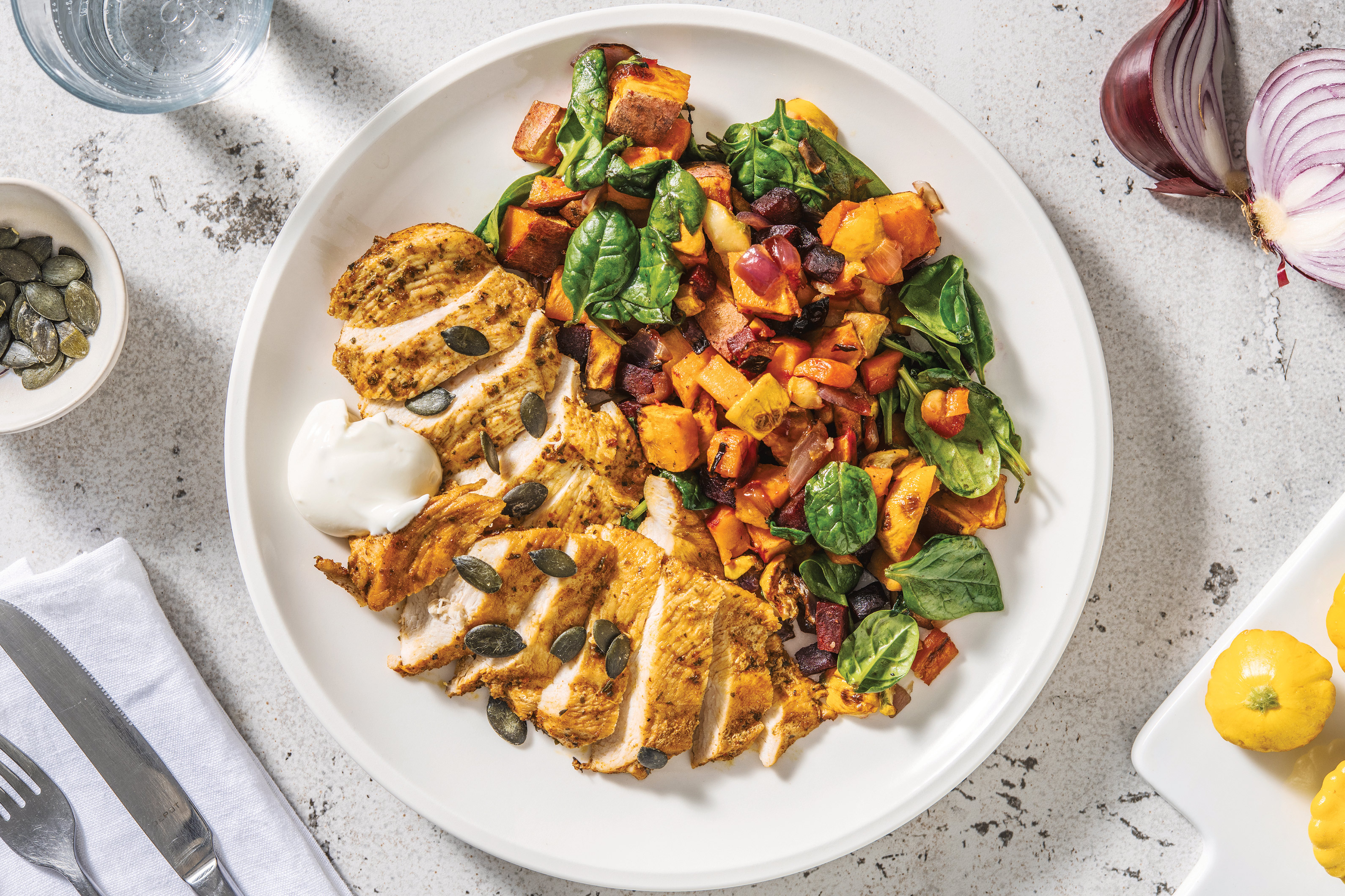 Spiced Chicken & Roast Veggie Salad with Pepitas & Garlic Yoghurt