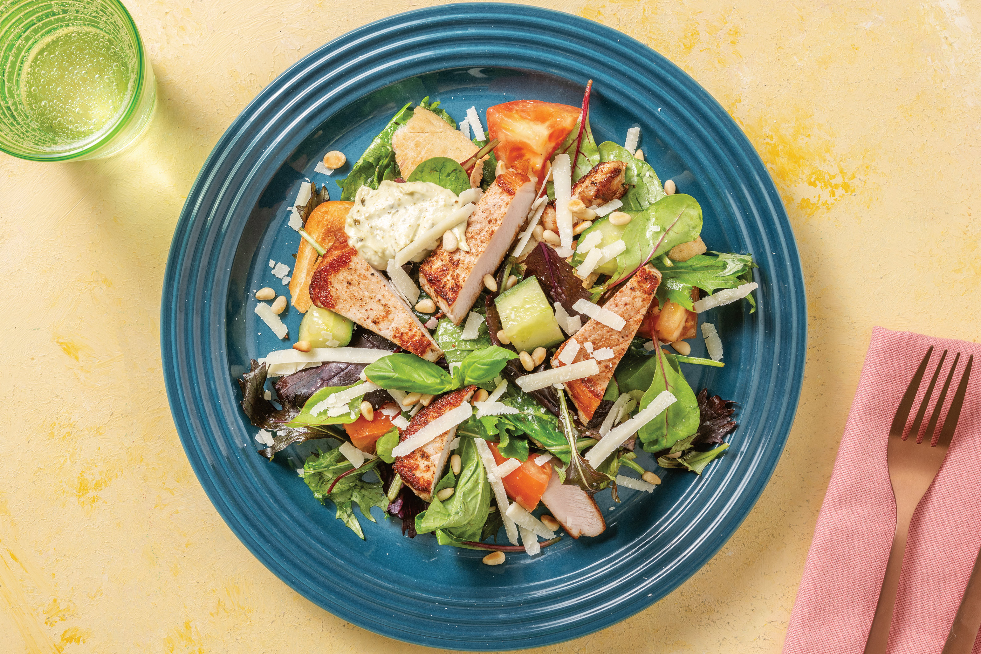 Spiced Pork & Italian Salad with Creamy Pesto & Croutons