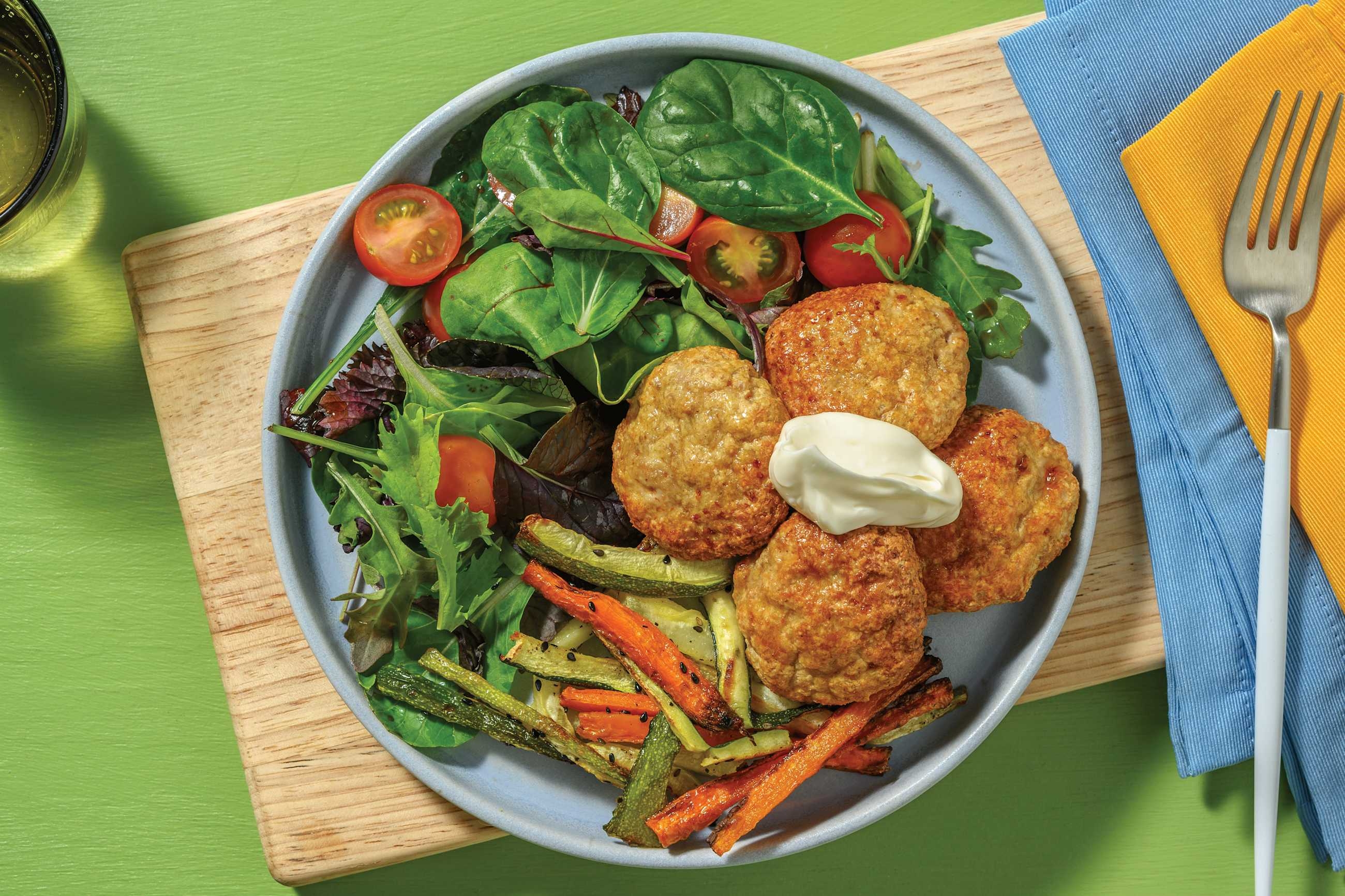 Spiced Pork Rissoles & Sesame Veggie Fries