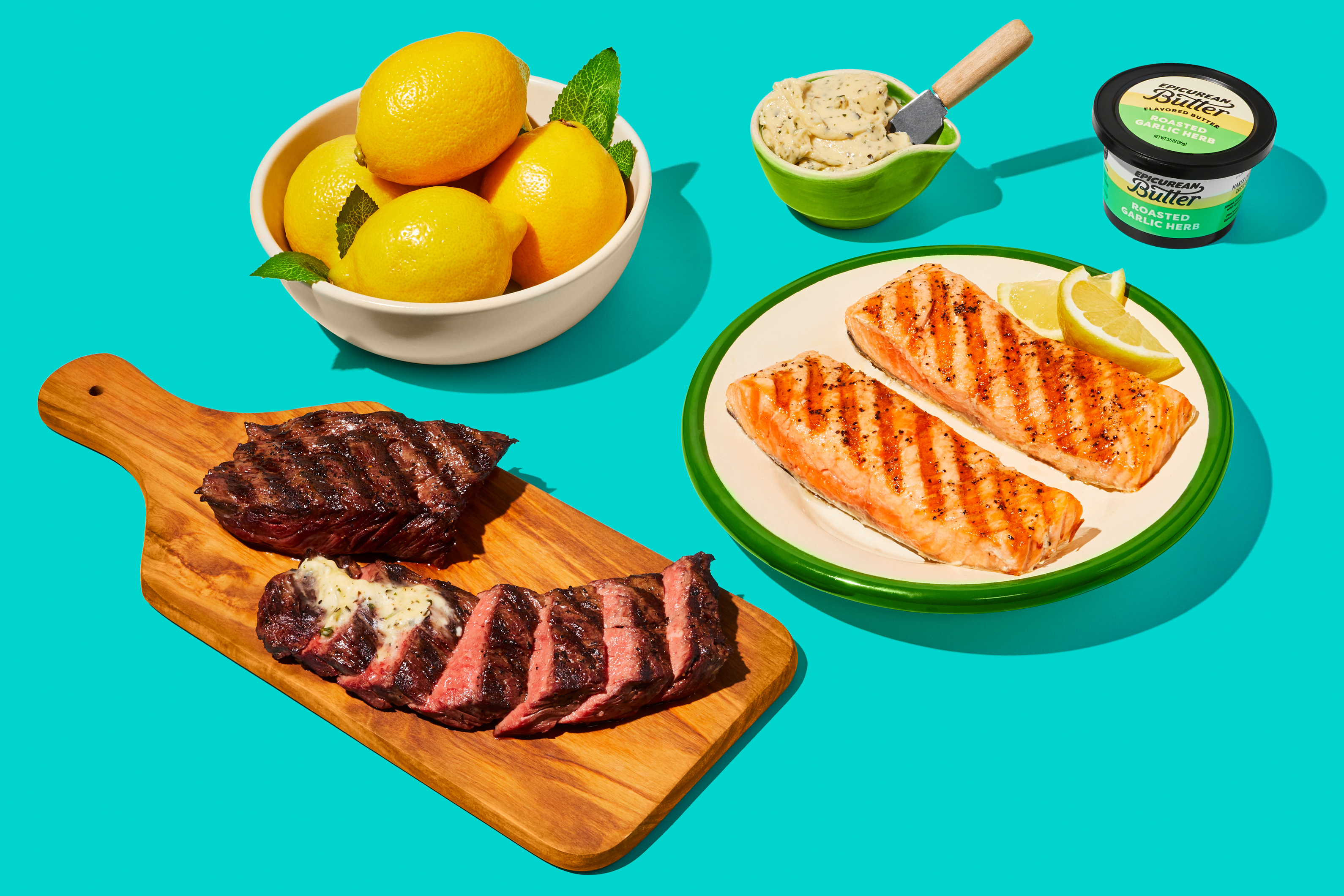 Steak, Salmon & Garlic Herb Butter