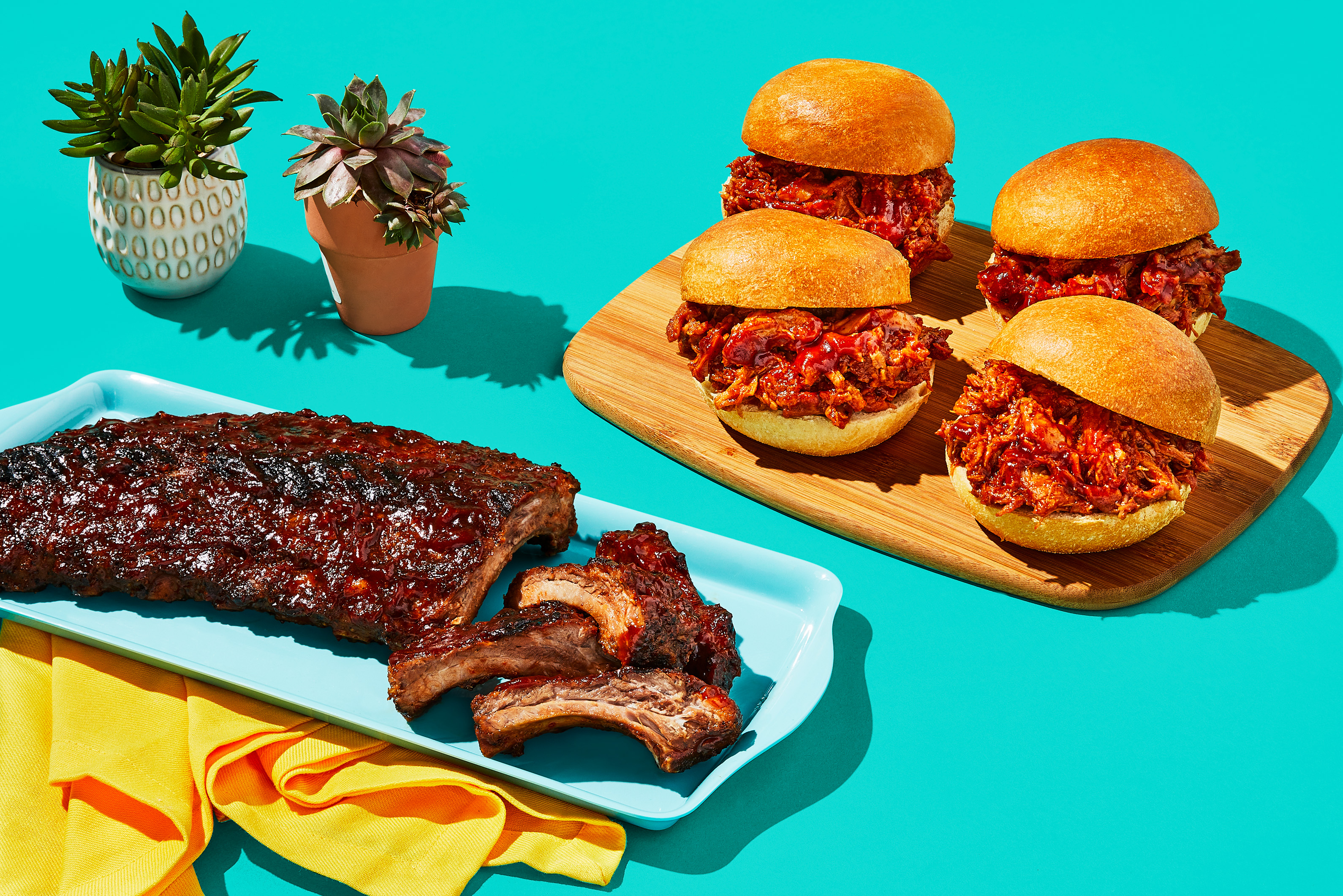 Sticky Baby Back Ribs & BBQ Pulled Chicken Sandos
