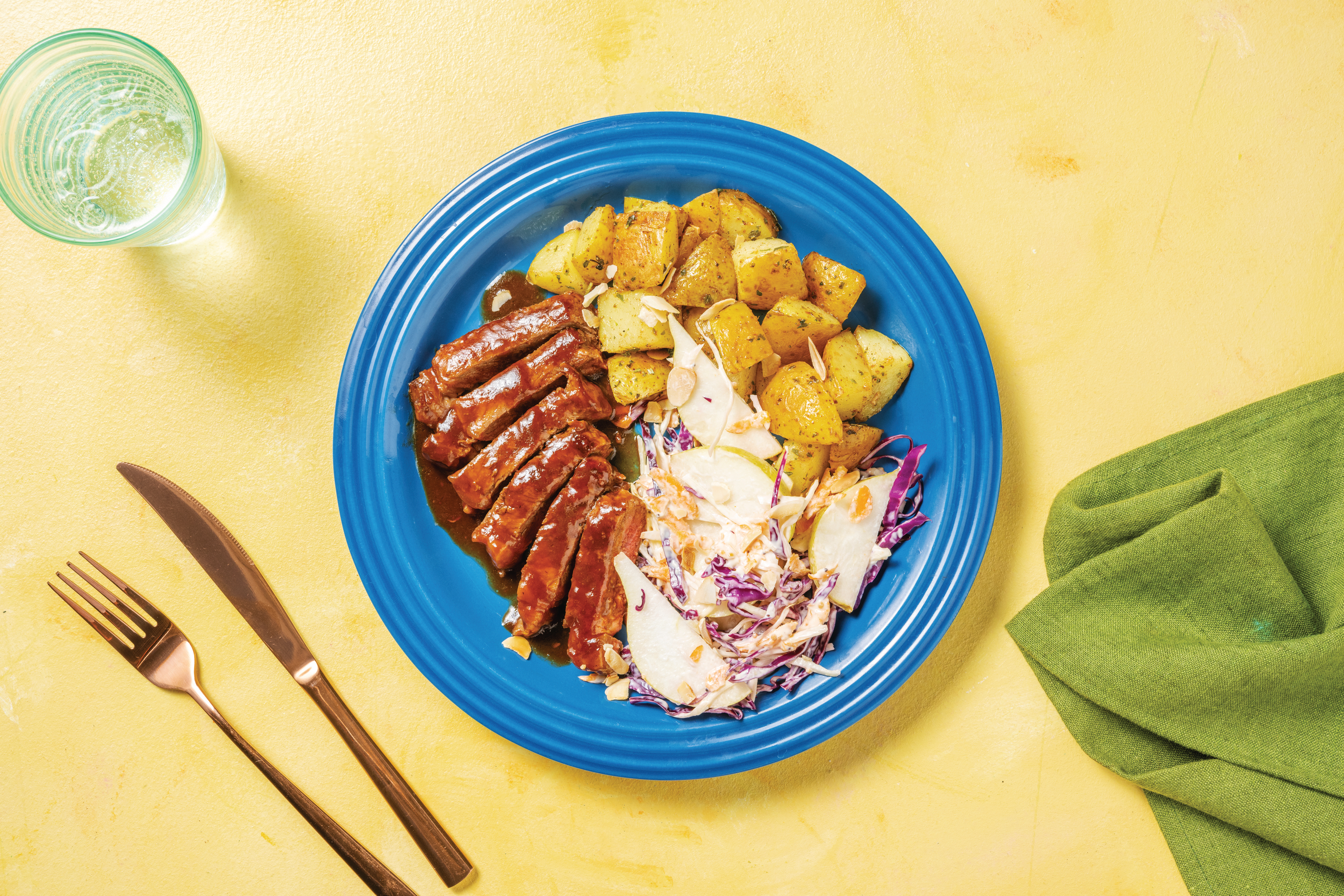 Sticky Beef Rump with Garlic Butter Potatoes & Mustard Mayo Slaw