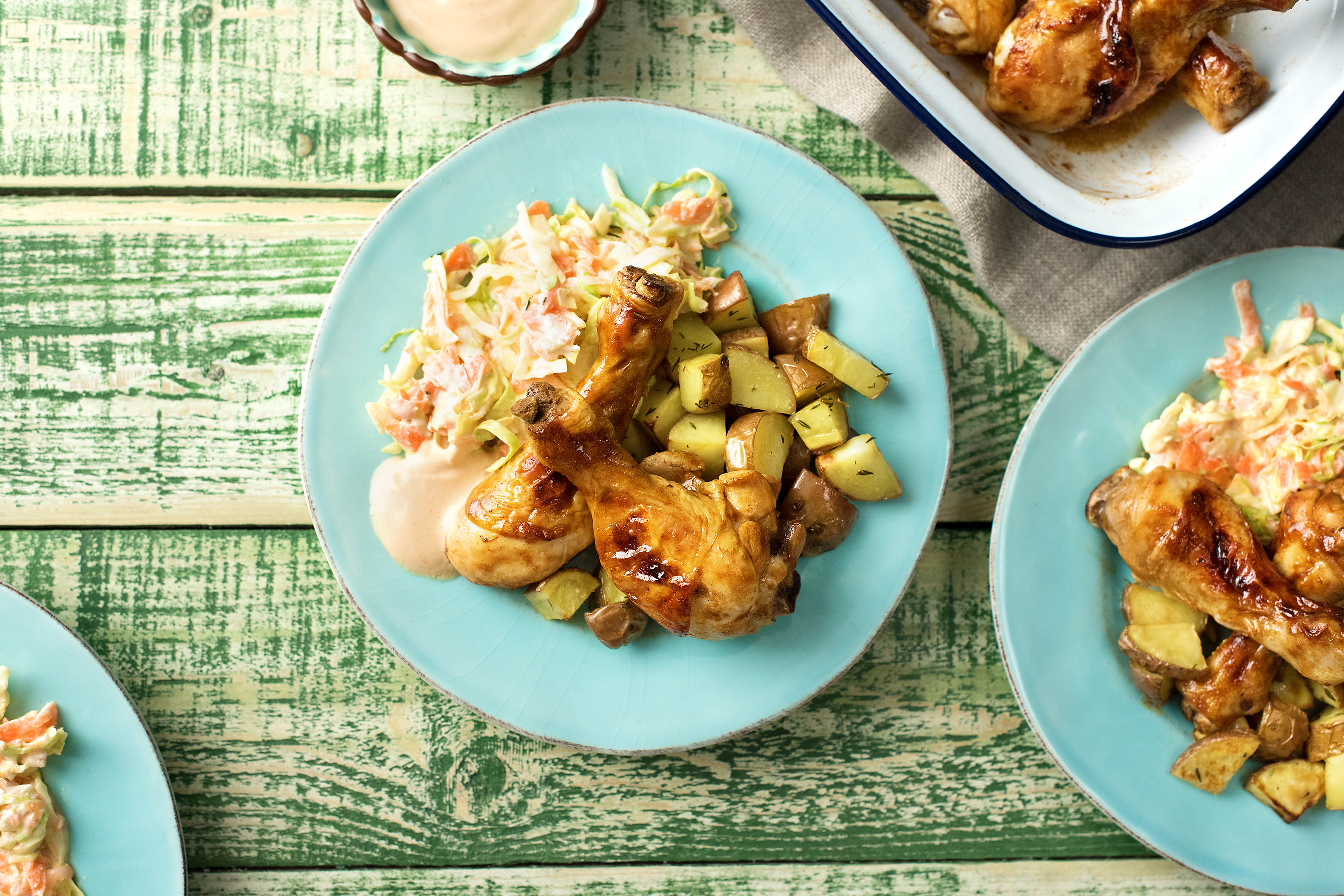 Sticky Chicken Drumsticks with Herby Potatoes