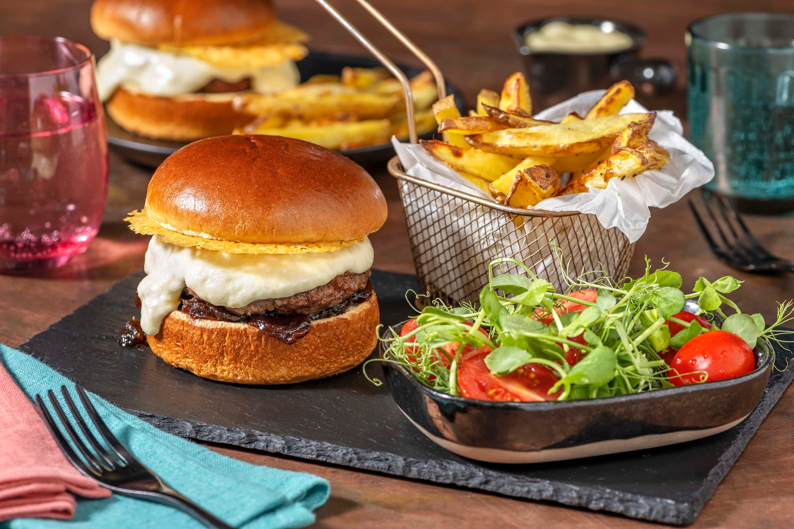 Super Cheesy Beef Burger and Chips