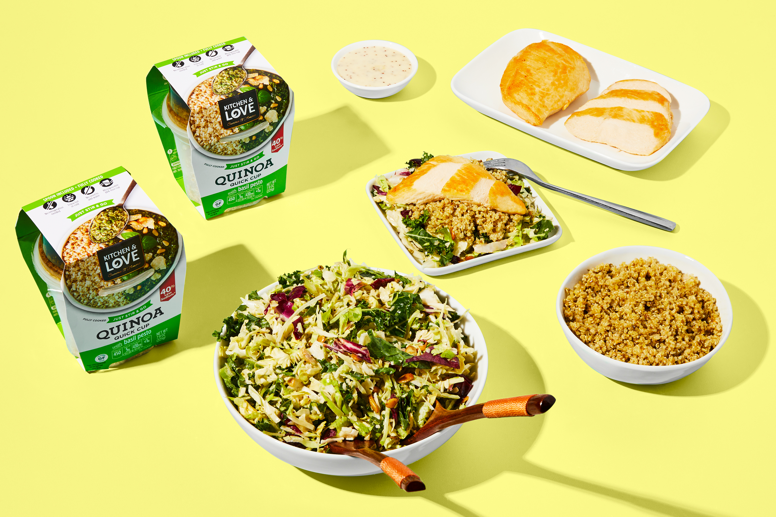 Sweet Kale Salad with Fully Cooked Chicken + Pesto Quinoa