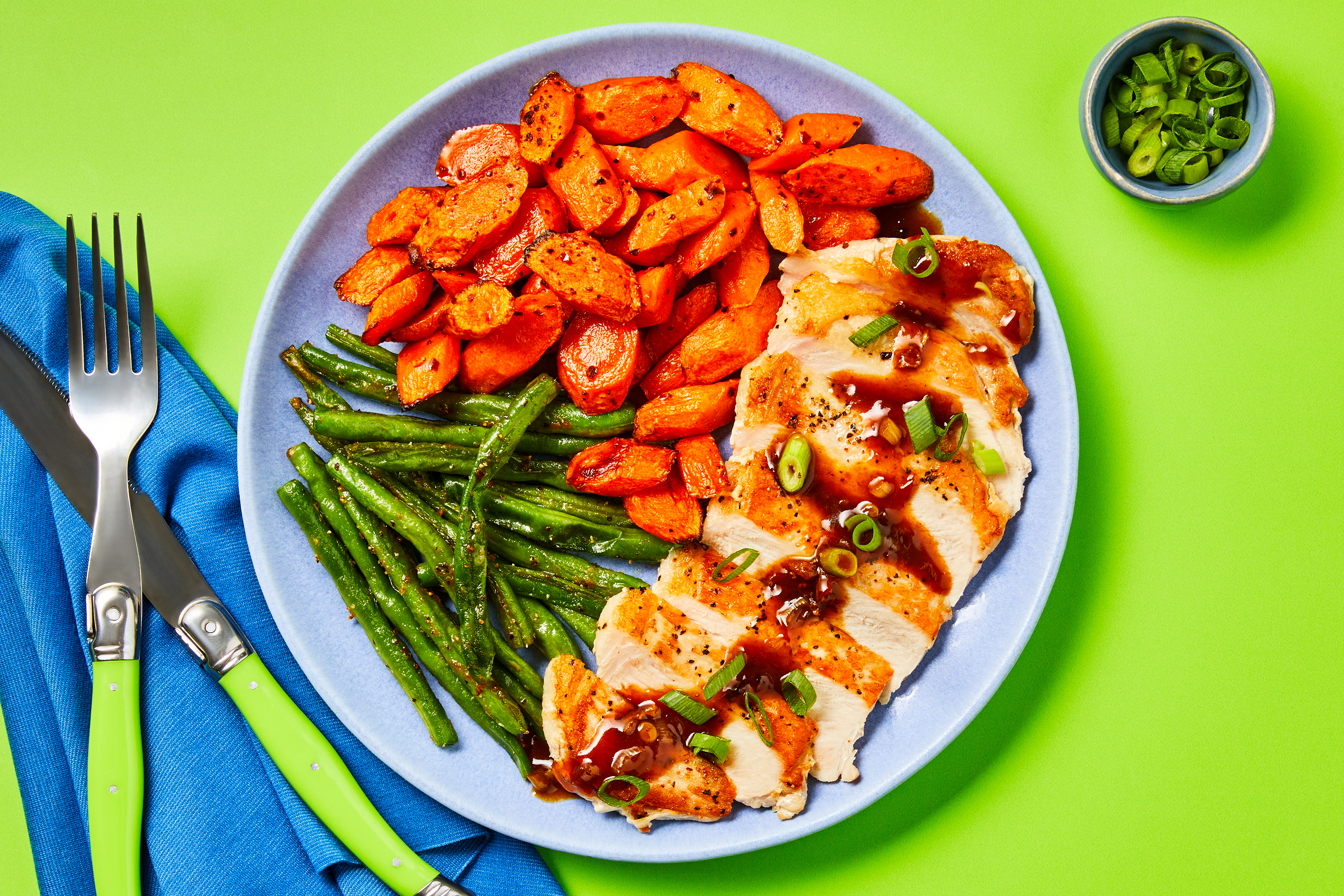 [UPGRADE PORK CHOPS TO BEEF TENDERLOIN] MA/CA only Low Cal Sweet 'n' Spicy Apricot Pork Chops with Garlicky Green Beans & Chili-Roasted Carrots