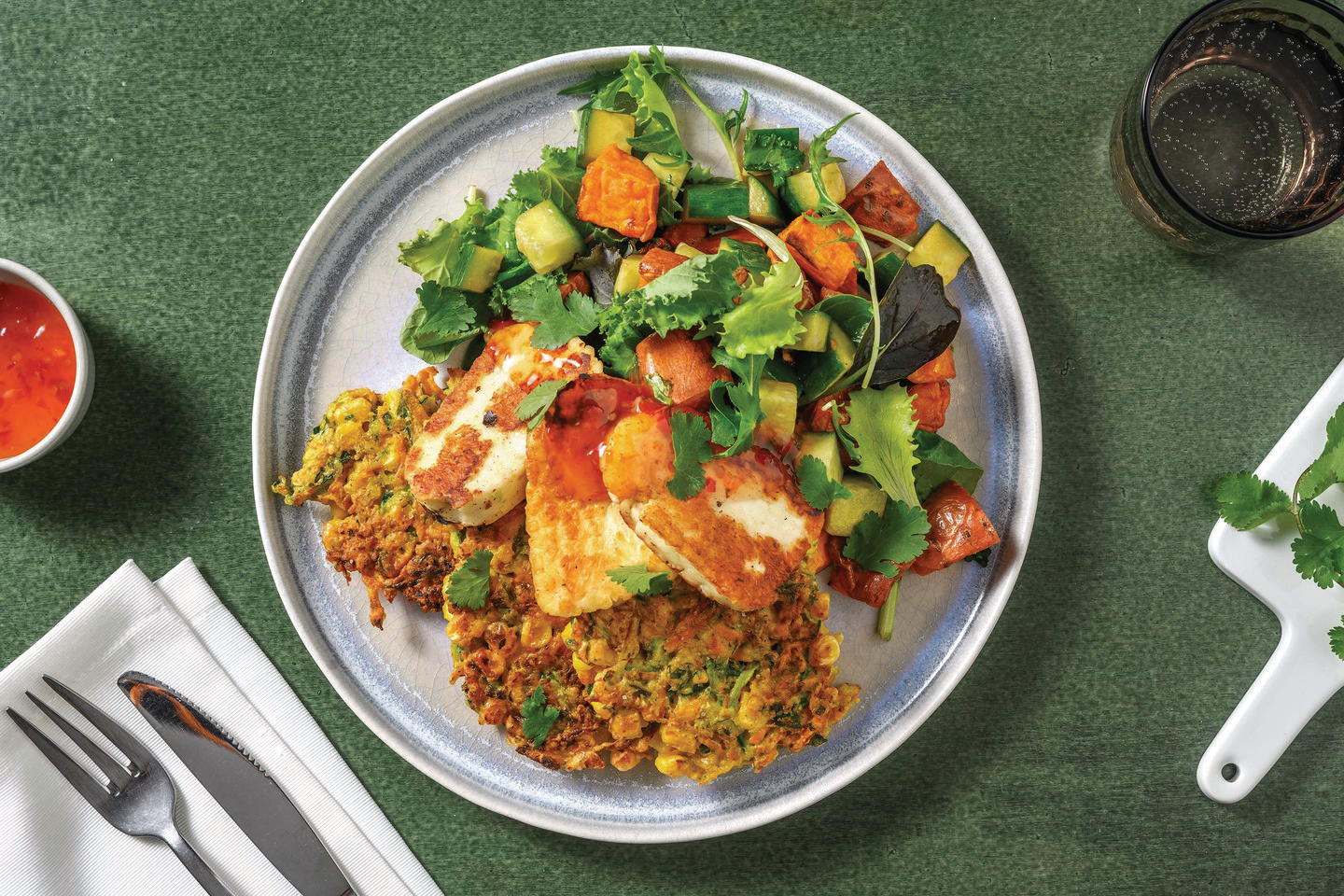 Corn-Zucchini Fritter & Haloumi Stack