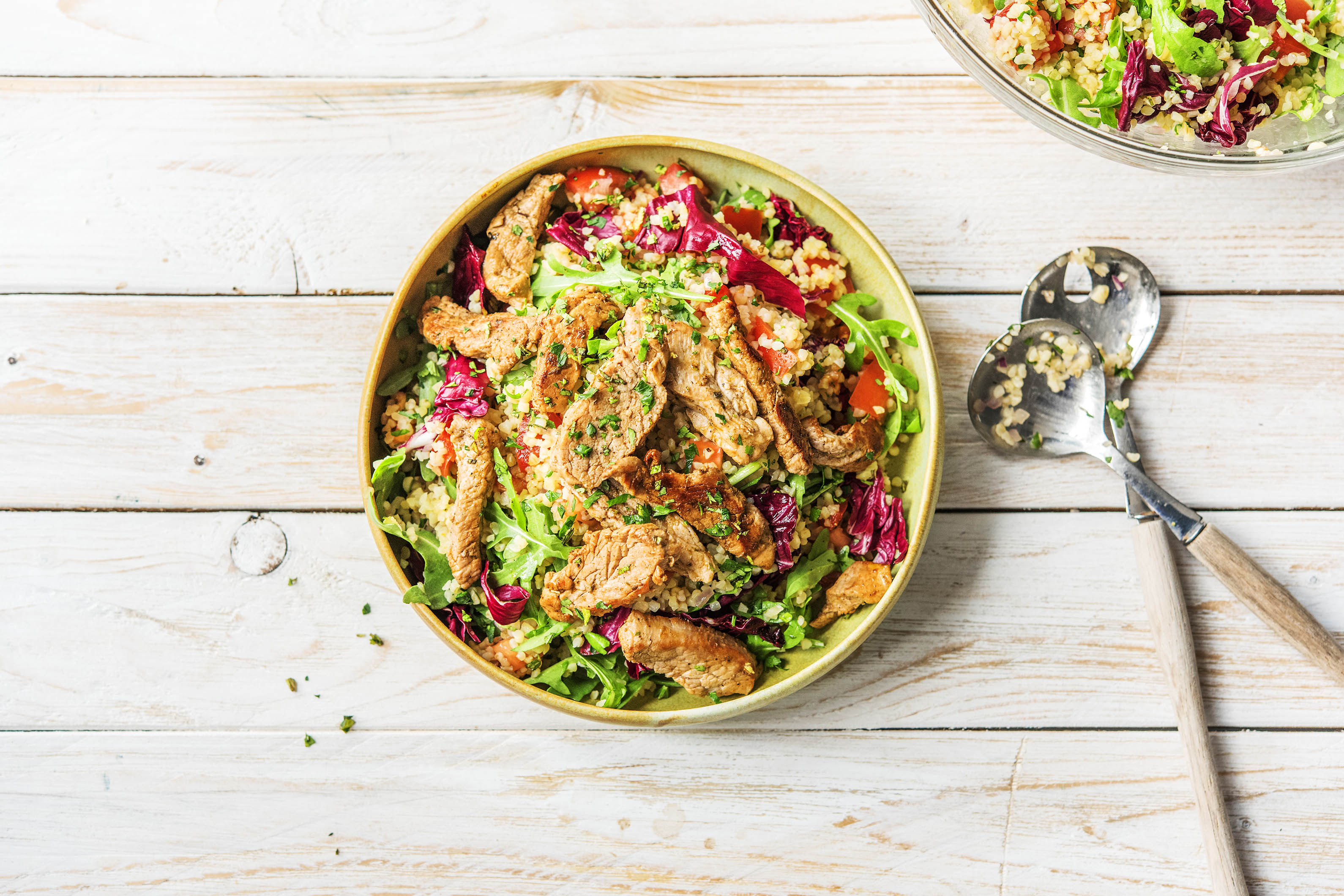 Tabouleh met varkenshaasreepjes