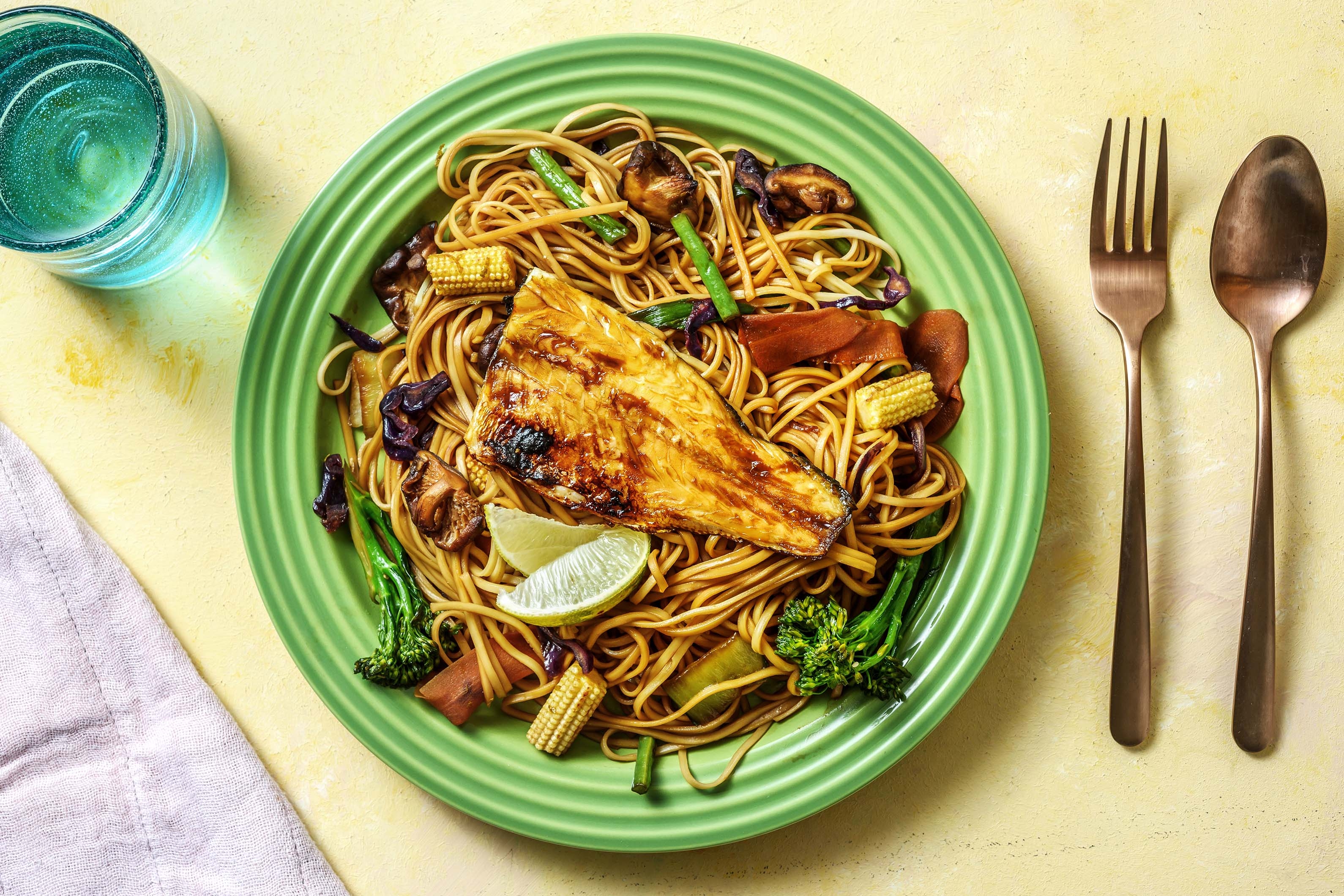 Teriyaki Sea Bass with Rainbow Vegetable & Noodle Stir Fry