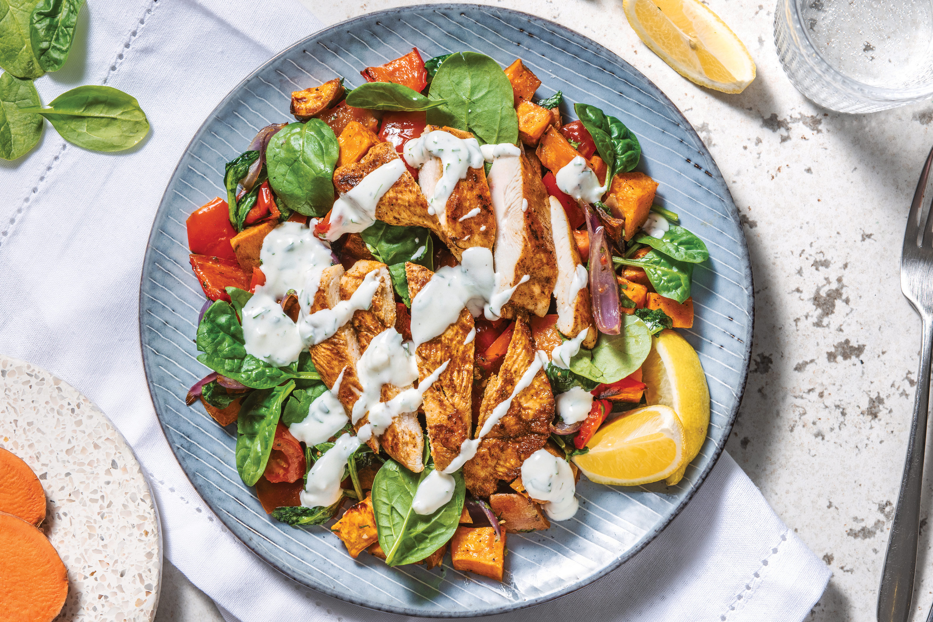Tex-Mex Chicken with Roast Veggie Toss & Garlic-Lime Yoghurt