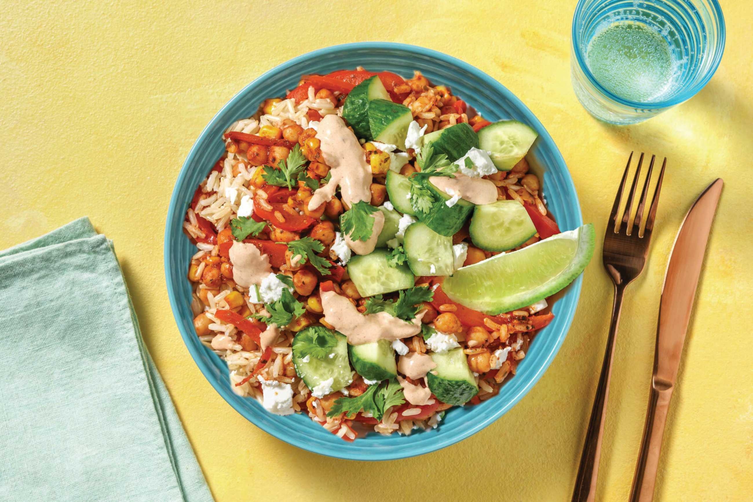 Tex-Mex Chickpeas & Rice with Cucumber Salsa & Fetta