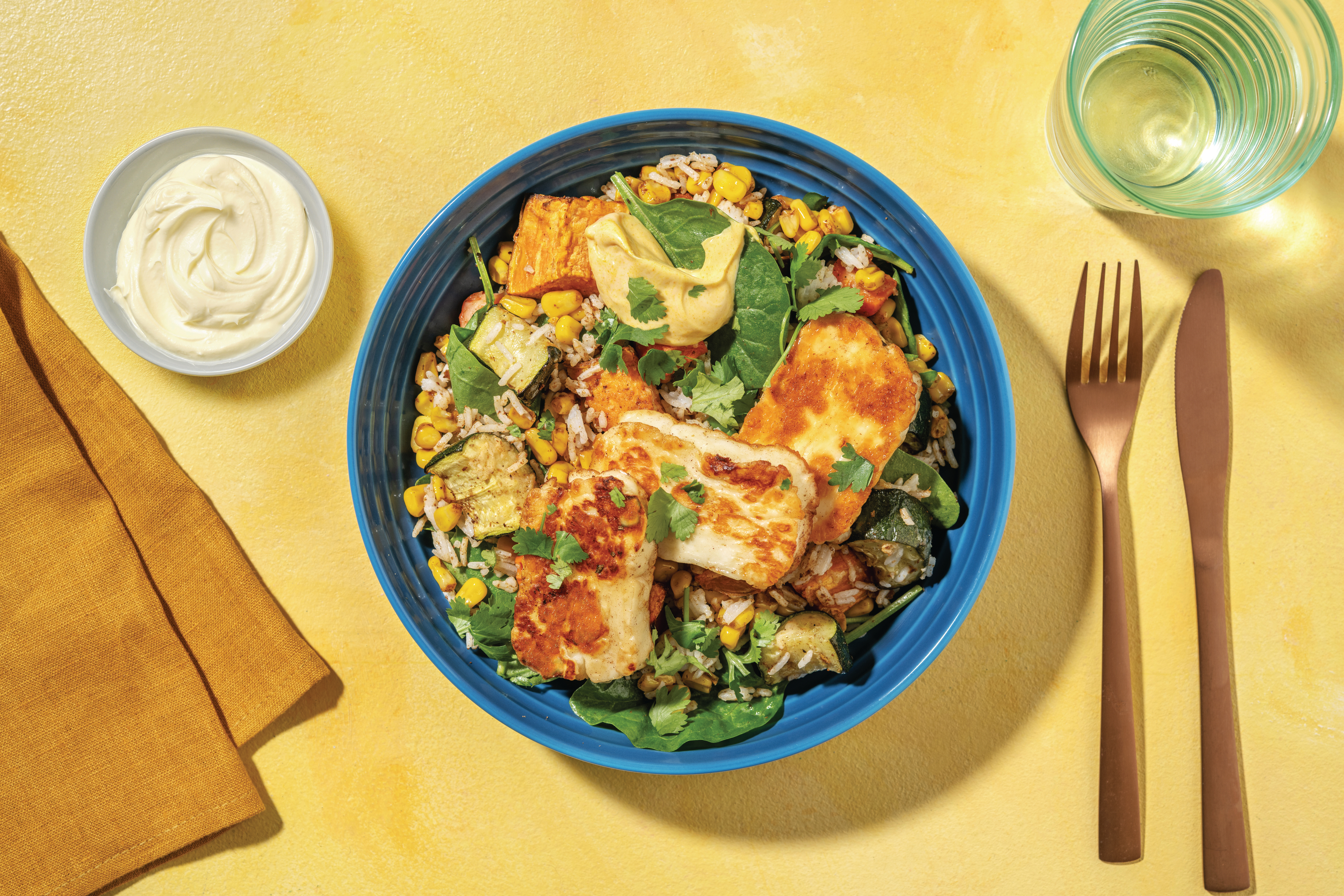 Tex-Mex Haloumi & Roast Veggie Rice with BBQ Mayo