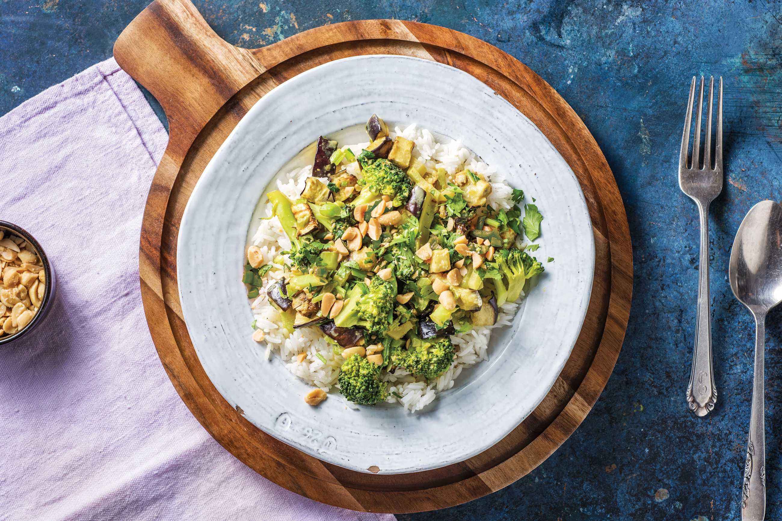 Thai Eggplant & Broccoli Curry with Roasted Peanuts