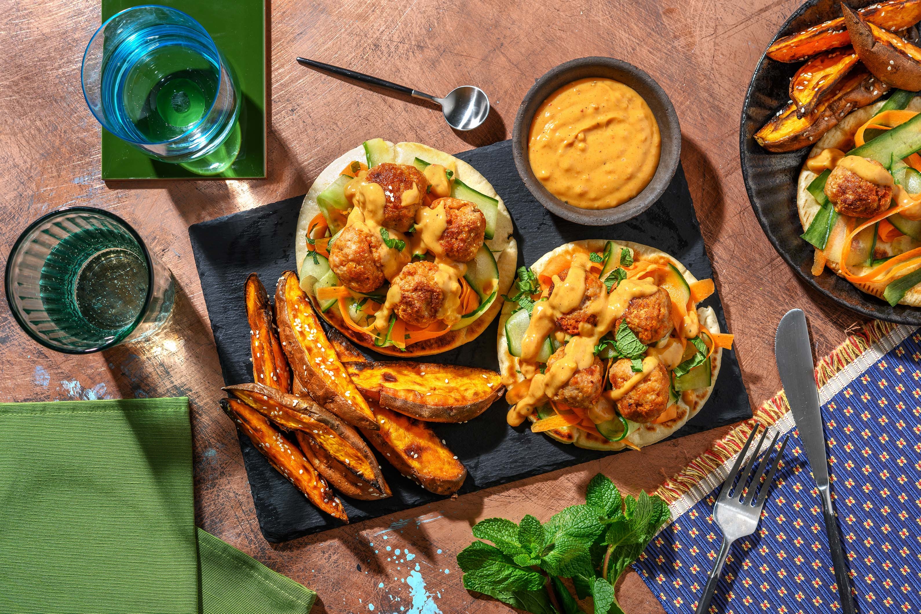Thai Style Pork Meatballs on Flatbreads