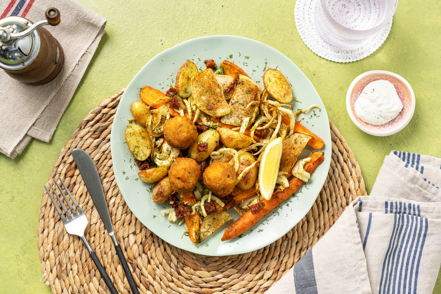 Traybake met falafel en citroenyoghurt