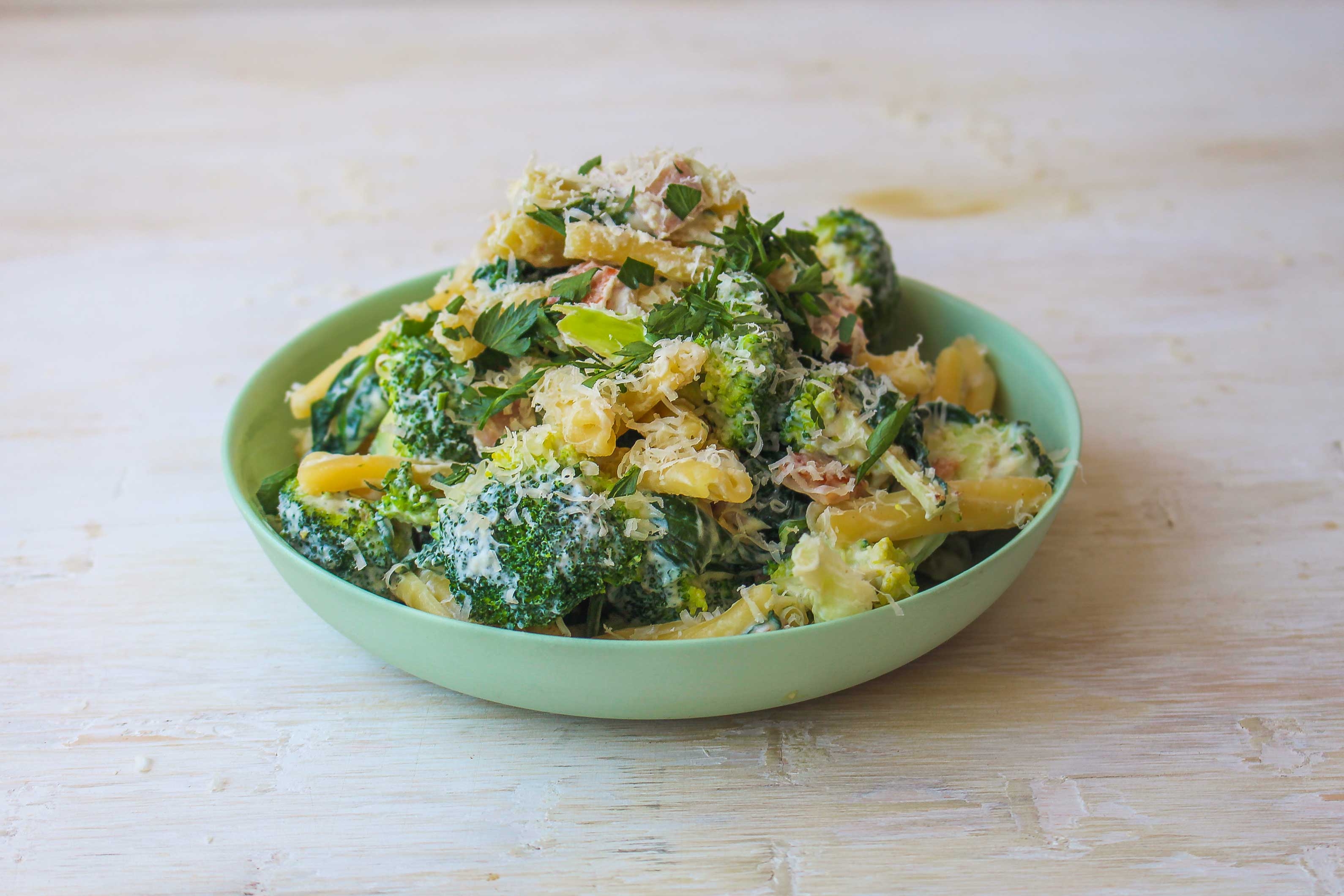 Twisted Pasta with Creamy Greens & Bacon