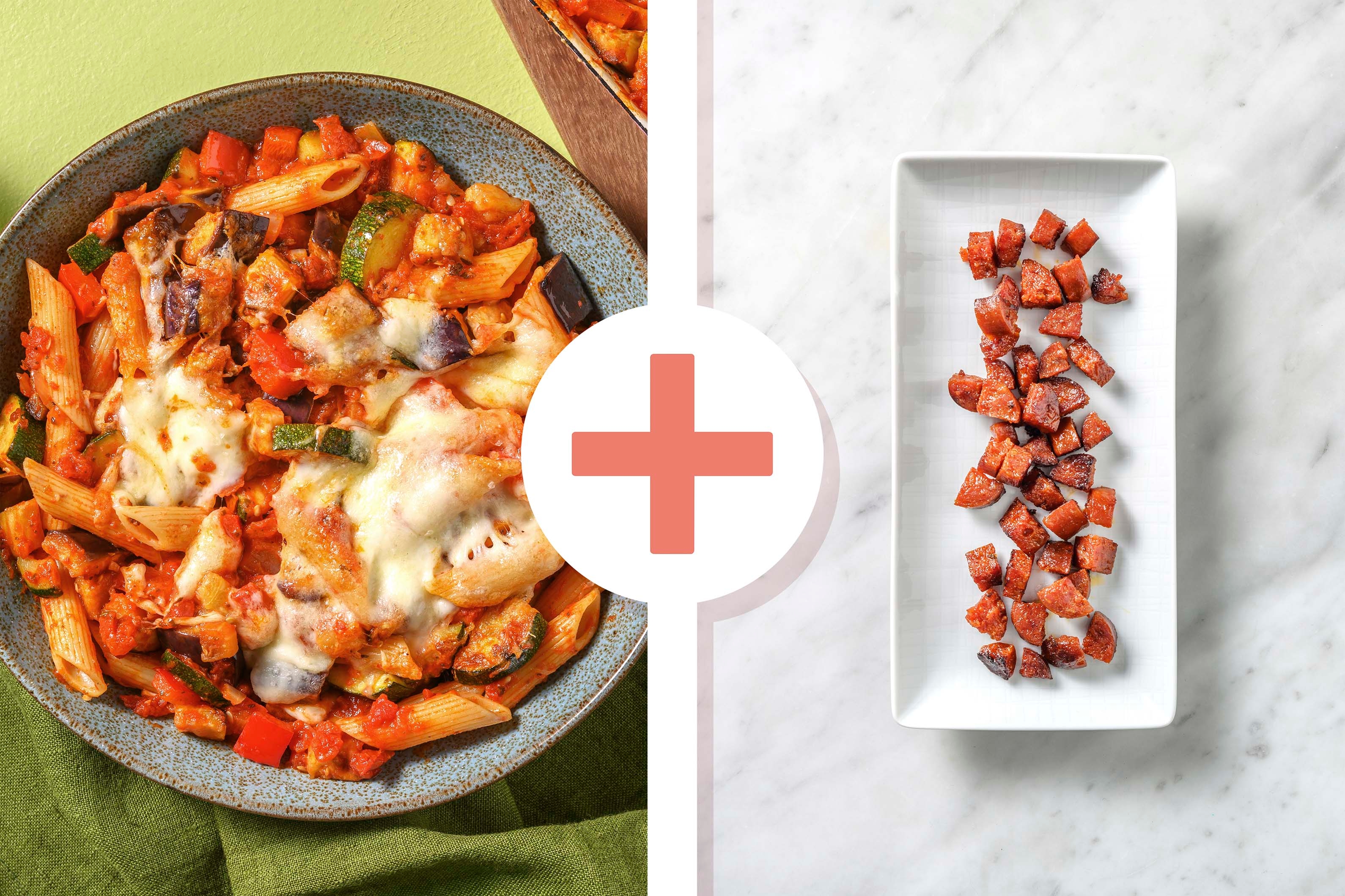 Two Cheese Ratatouille Pasta Bake with Chorizo