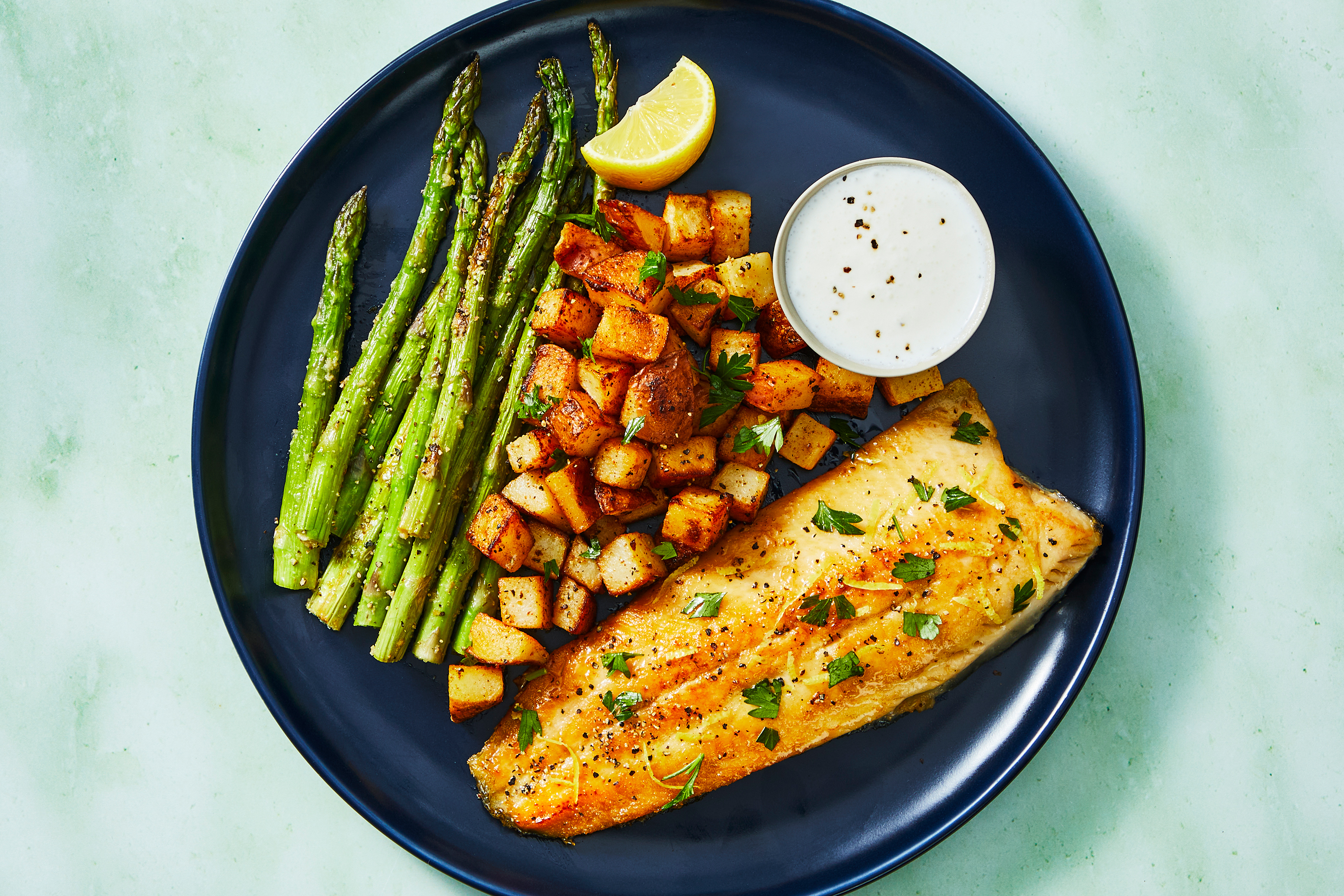 [SIDE VEG DOUBLE ASPARAGUS] Lemon-Parsley Trout with Asparagus and Dressed Red Potatoes