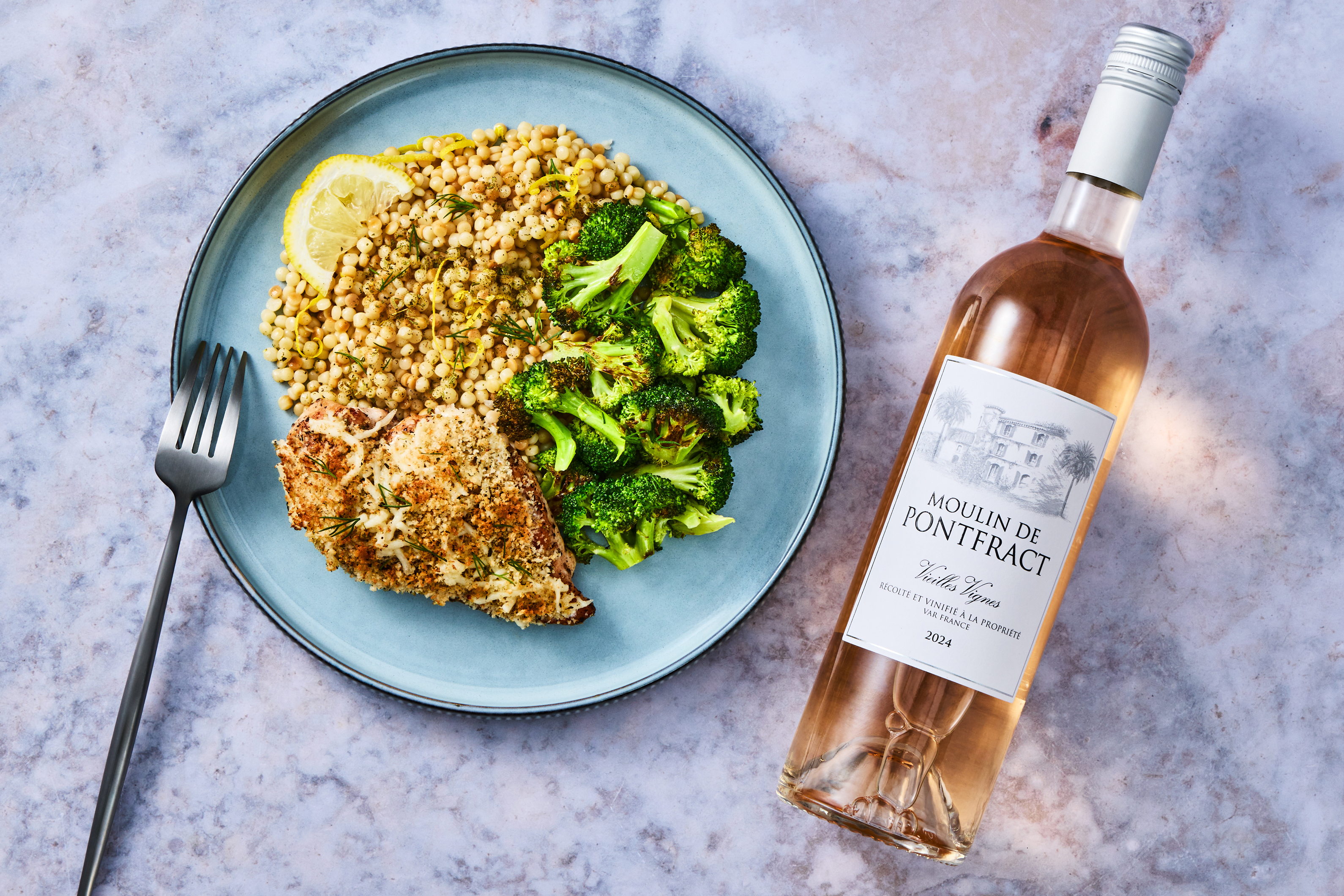 [PROTEIN DOUBLE CHICKEN CUTLETS] Mozzarella Crusted Chicken Cutlet with Broccoli and Buttery Lemon Couscous (Cutlets 15oz depletion)