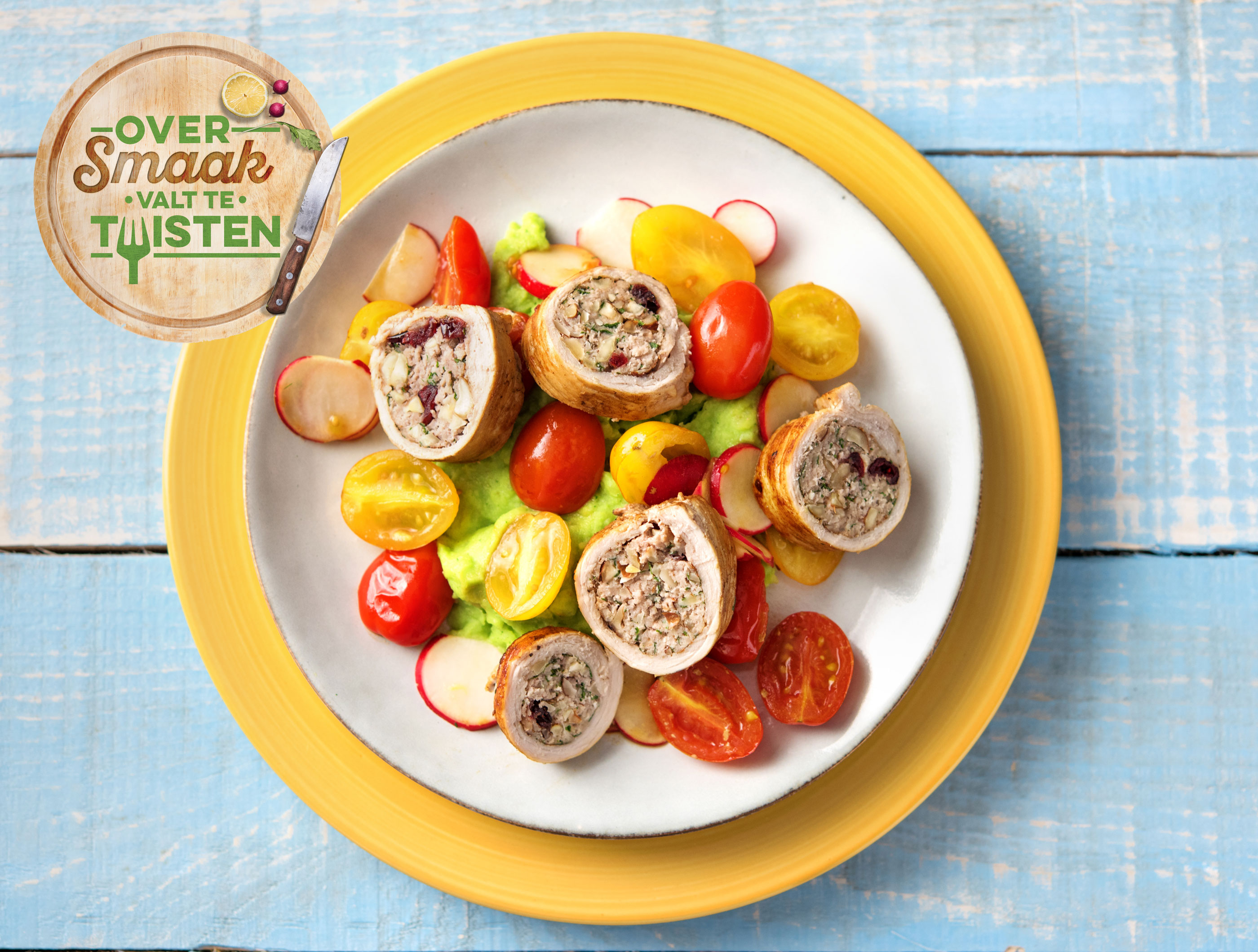 Varkensroulleau met cranberry-notenvulling en broccolipuree (op=op)