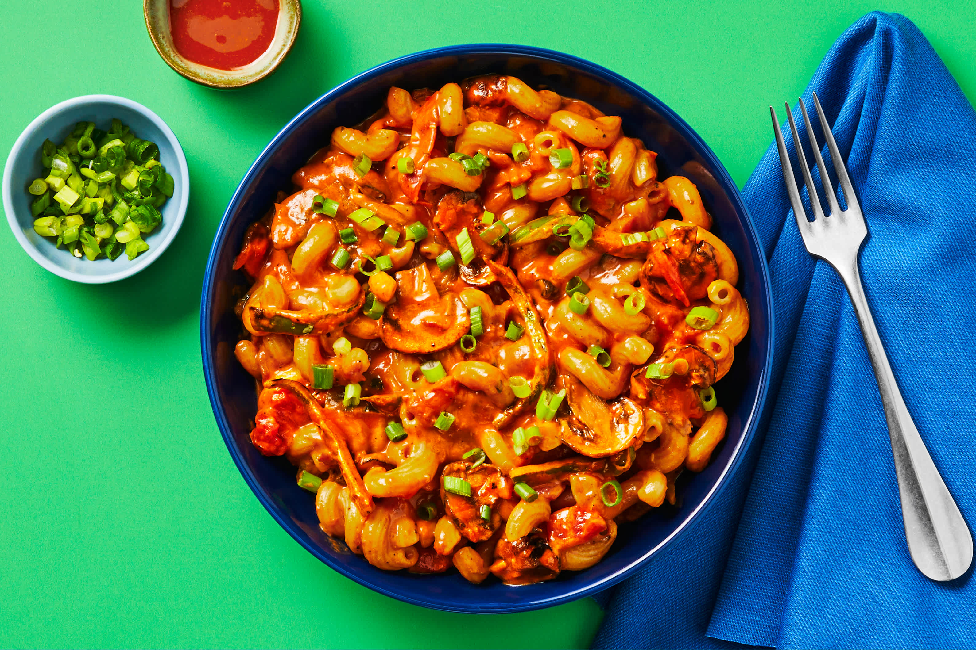 [UPGRADE VEGGIE TO SHRIMP] Vegan Creamy Blackened Veggie Cavatappi with Mushrooms, Diced Tomatoes, Peppers & Scallions