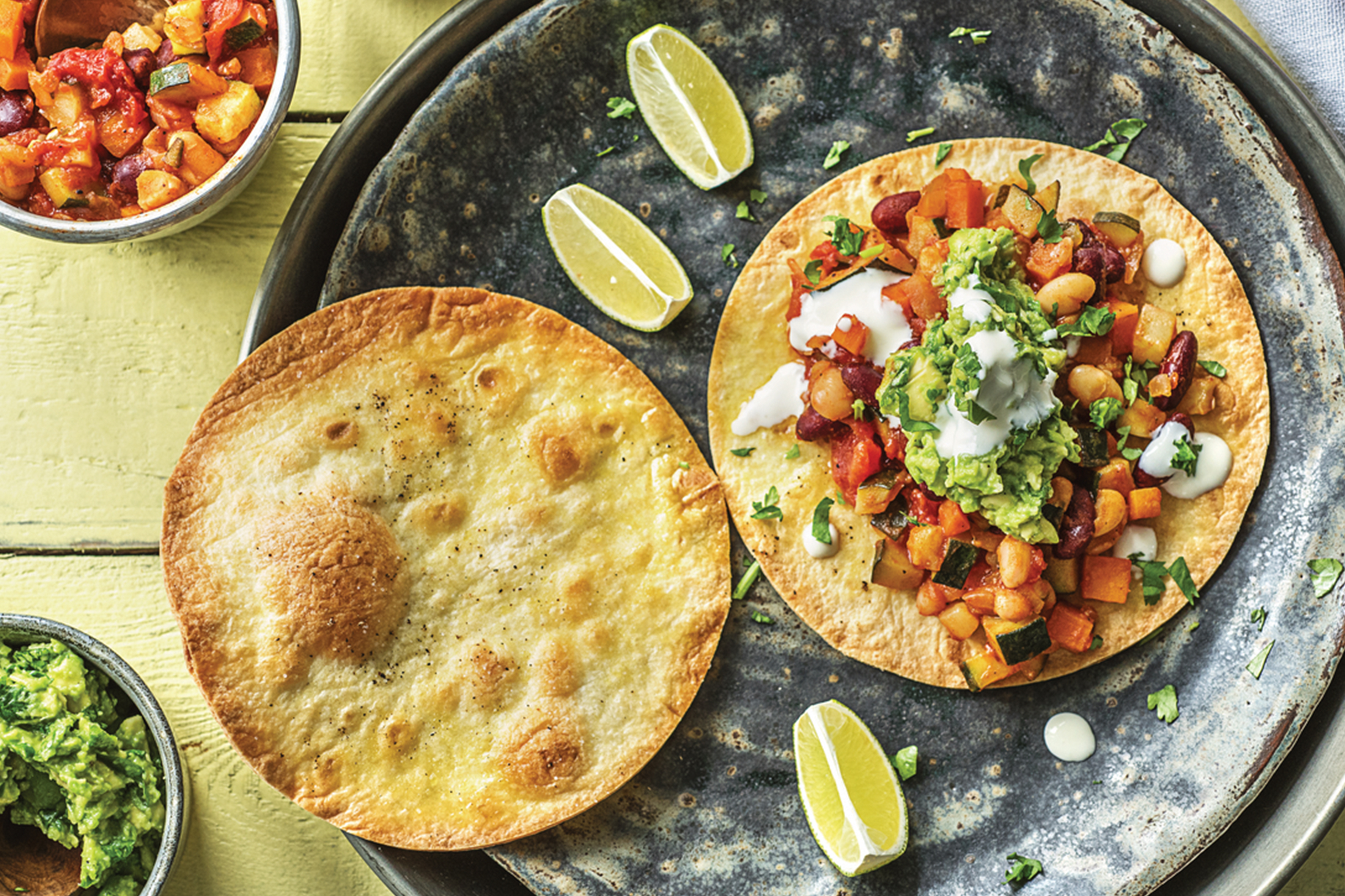 Mexican Veggie Bean & Cheat's Guacamole Tostadas