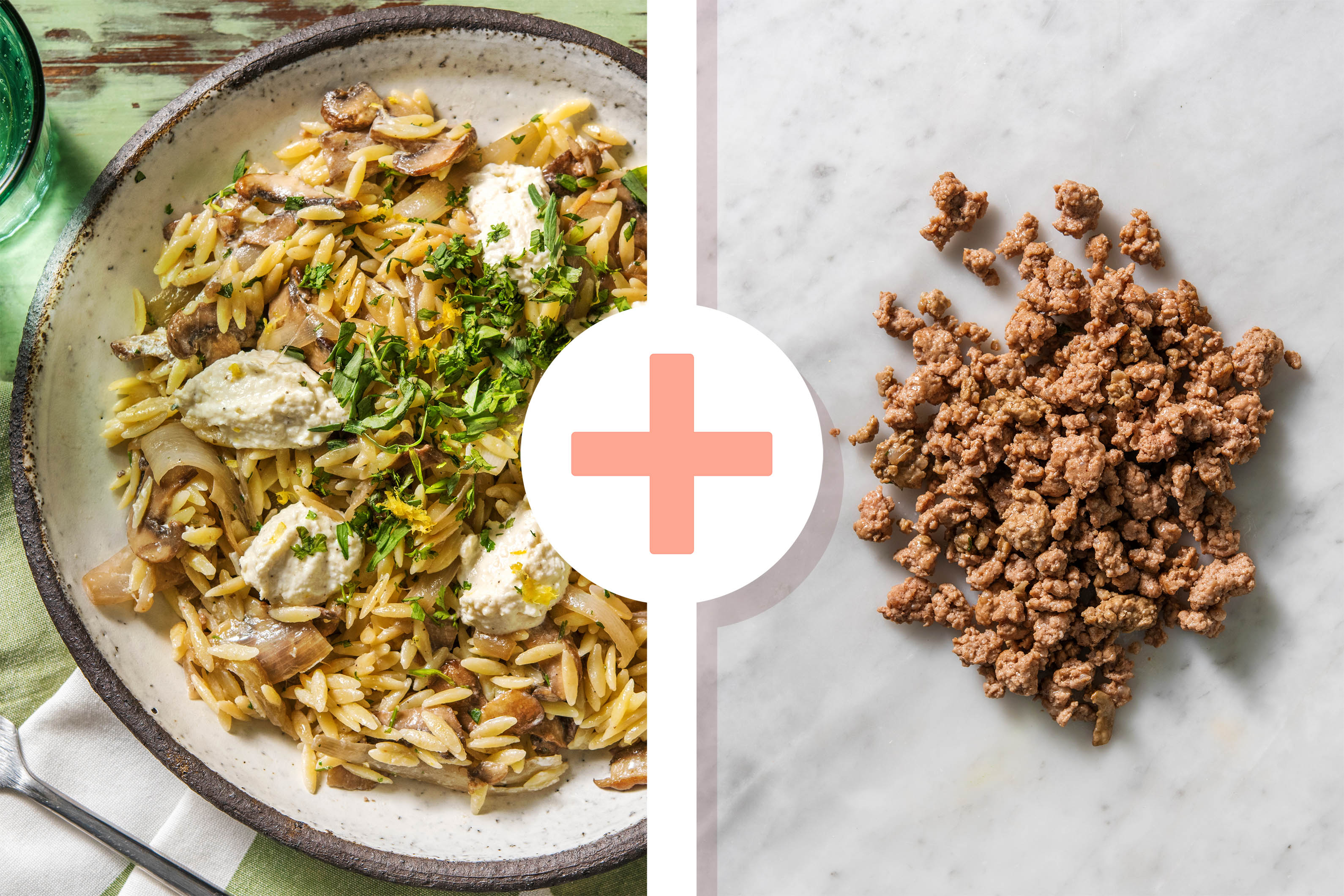 Veggie + protein - Orzo met gehakt en gebakken sjalotjes