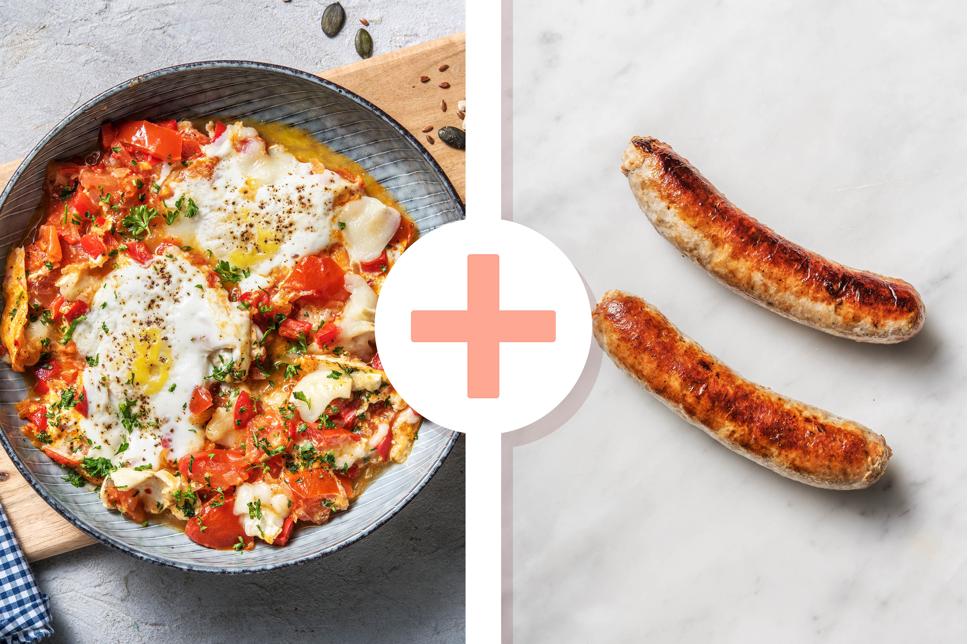 Veggie + protein - Shakshuka met geitenkaas en lamsworstjes als extra