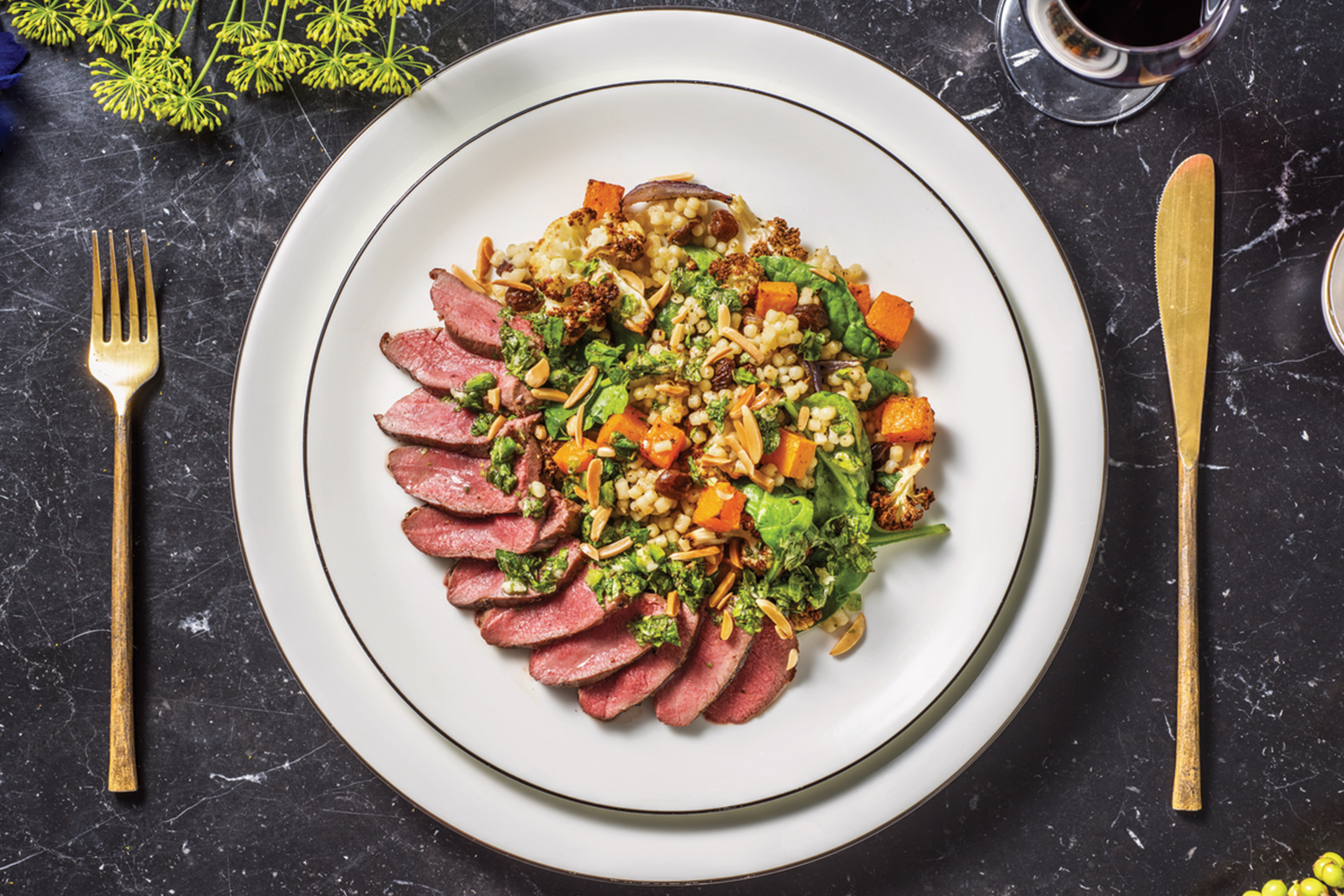 Venison Steak & Chermoula Veggie Israeli Couscous