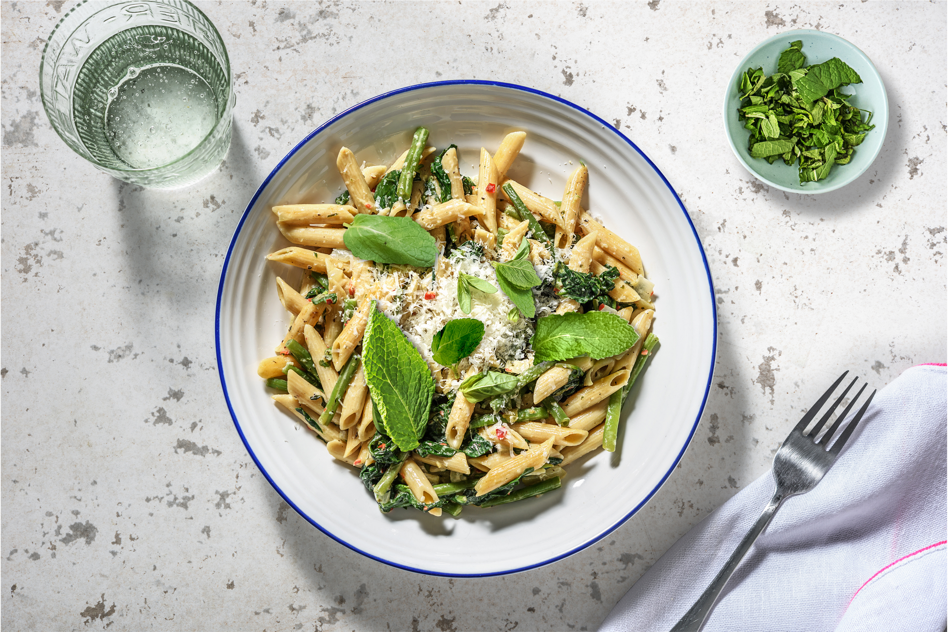 Volkoren penne met sperziebonen en spinazie