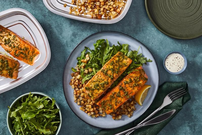 Prep & Bake Pesto Salmon with Potatoes