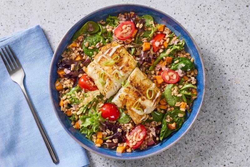 Garlicky Roasted Cod & Farro Salad