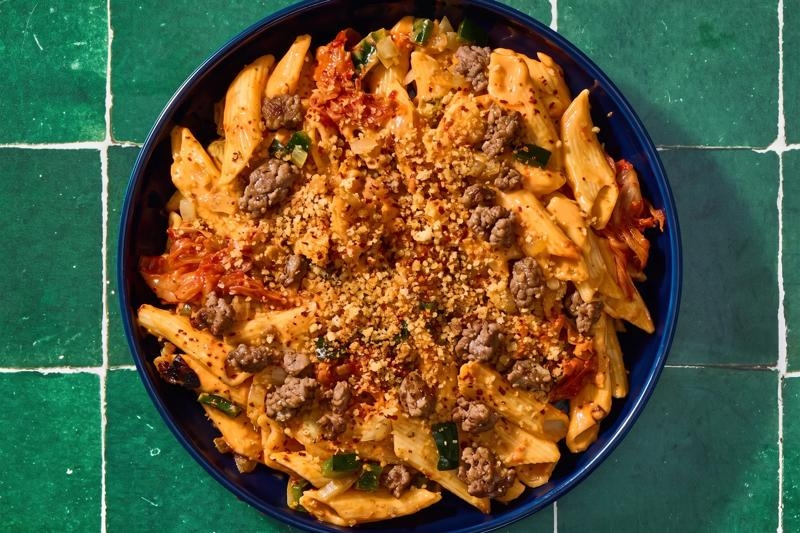 Cheesy Kimchi Organic Beef Pasta Bake