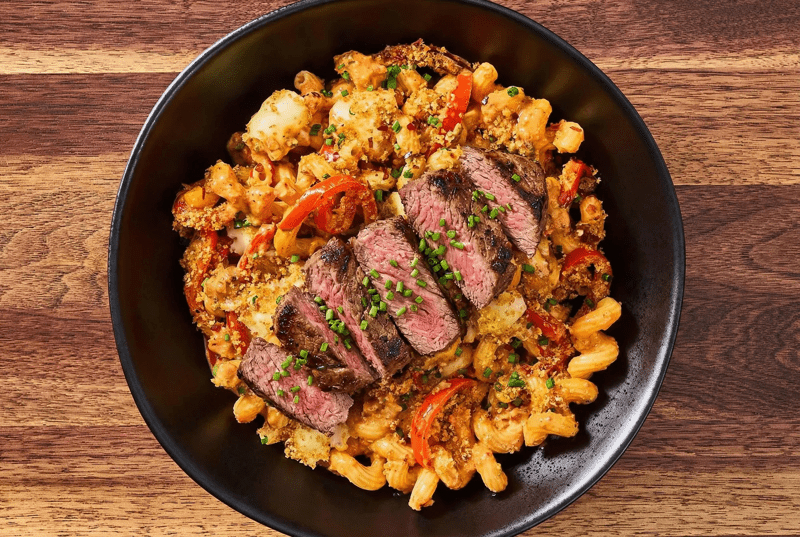 Rib-Eye Steak & Mozz Cavatappi Bake