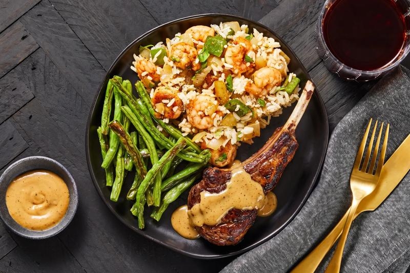 Cajun-Spiced Lamb Chops & Shrimp Dirty Rice
