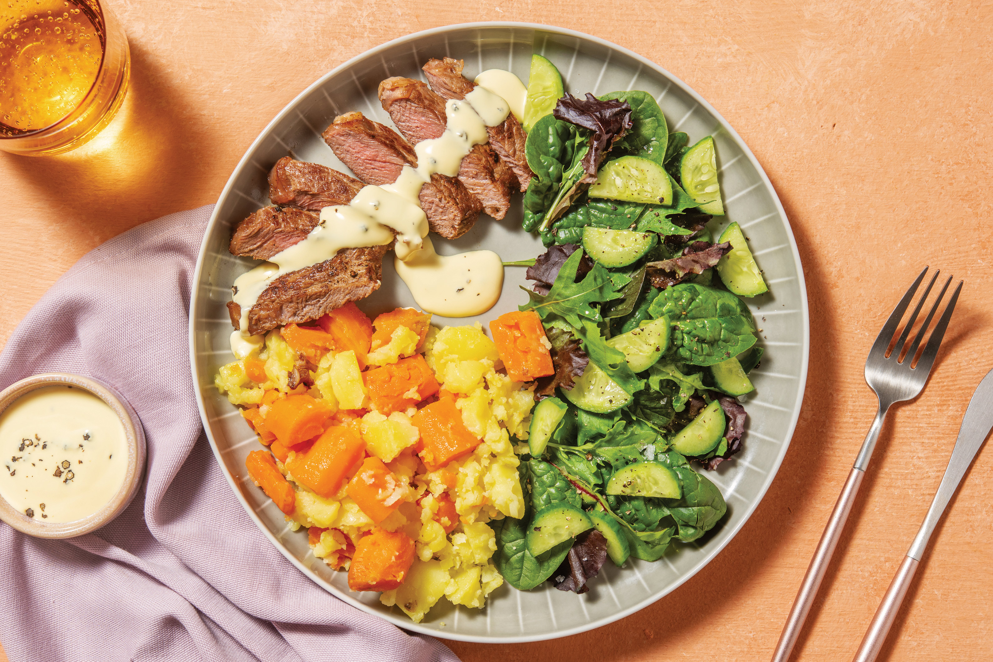 Quick Worcestershire Beef Rump & Crushed Veggies