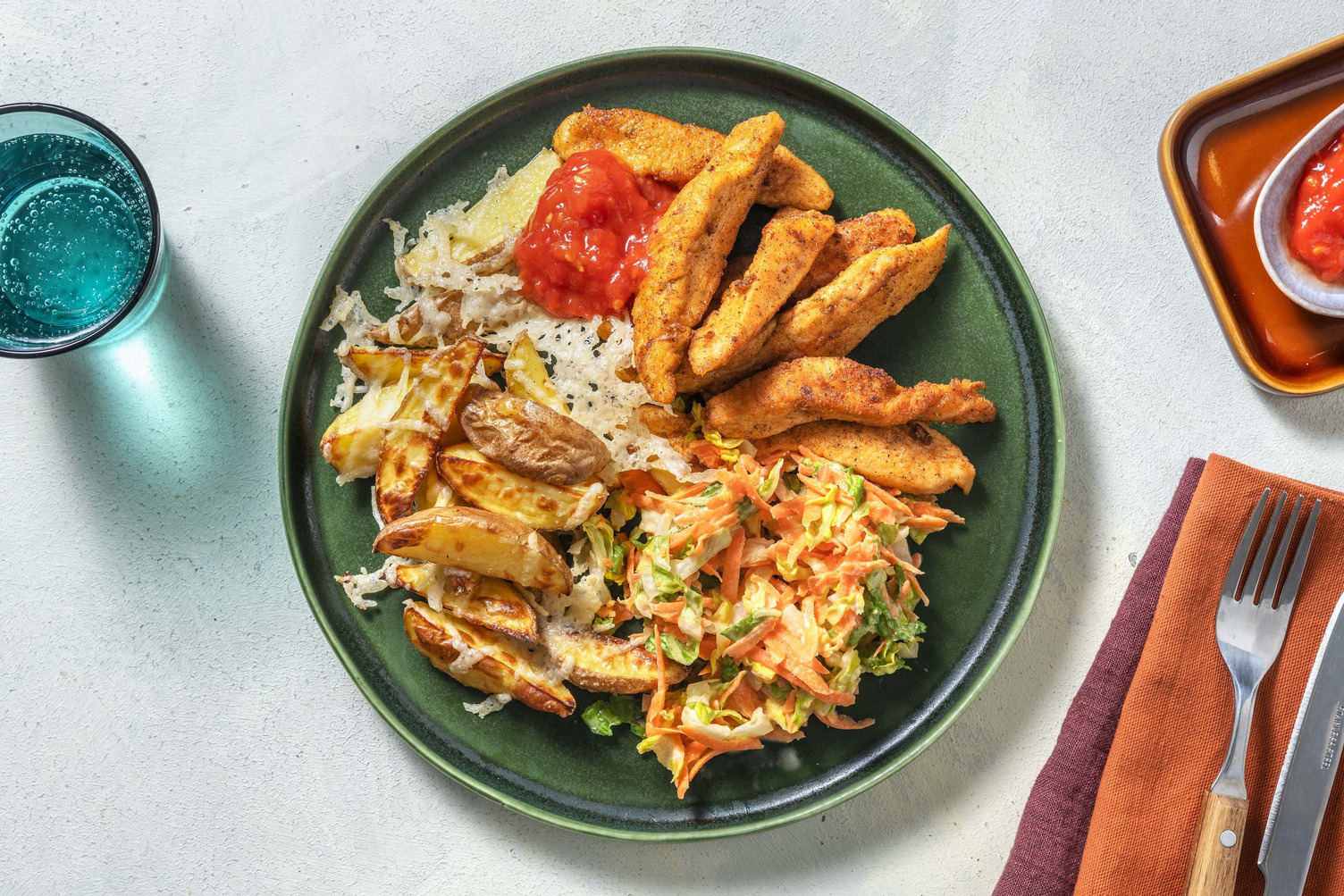 Würzige Pouletstrips und Rüebli-Slaw