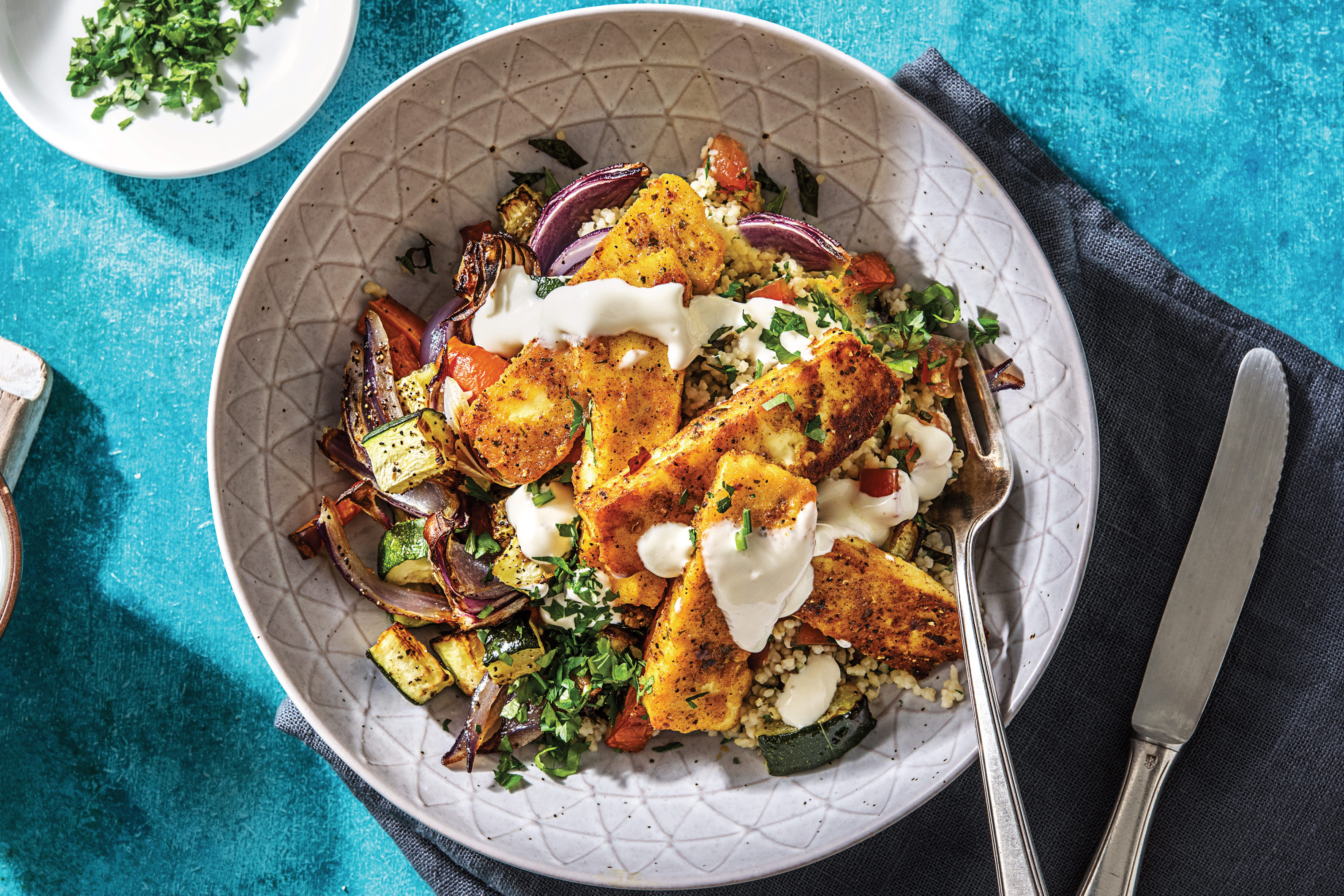 Moroccan Spiced Haloumi & Herbed Couscous