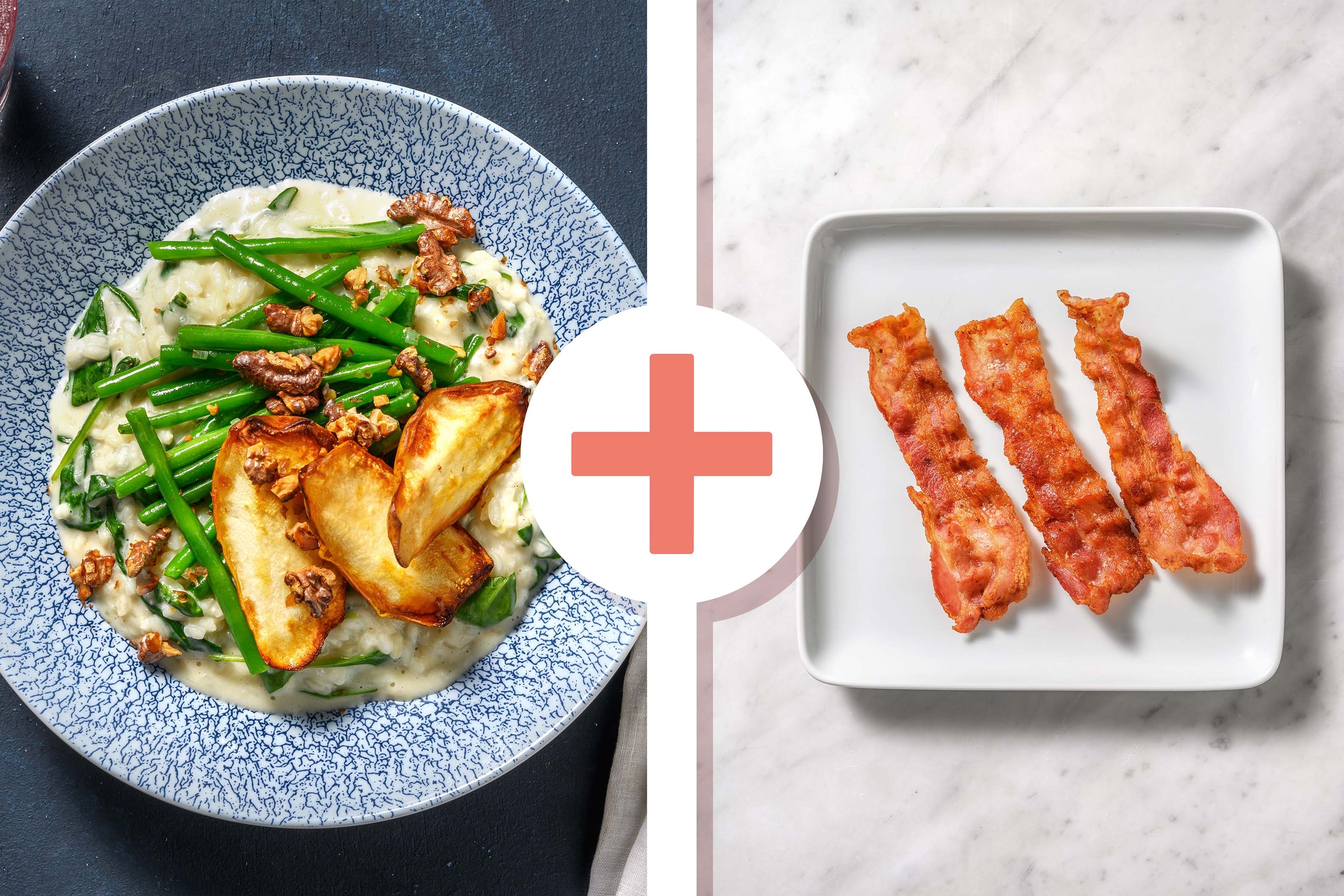 Ziegenkäse-Risotto mit Birne und extra Bacon