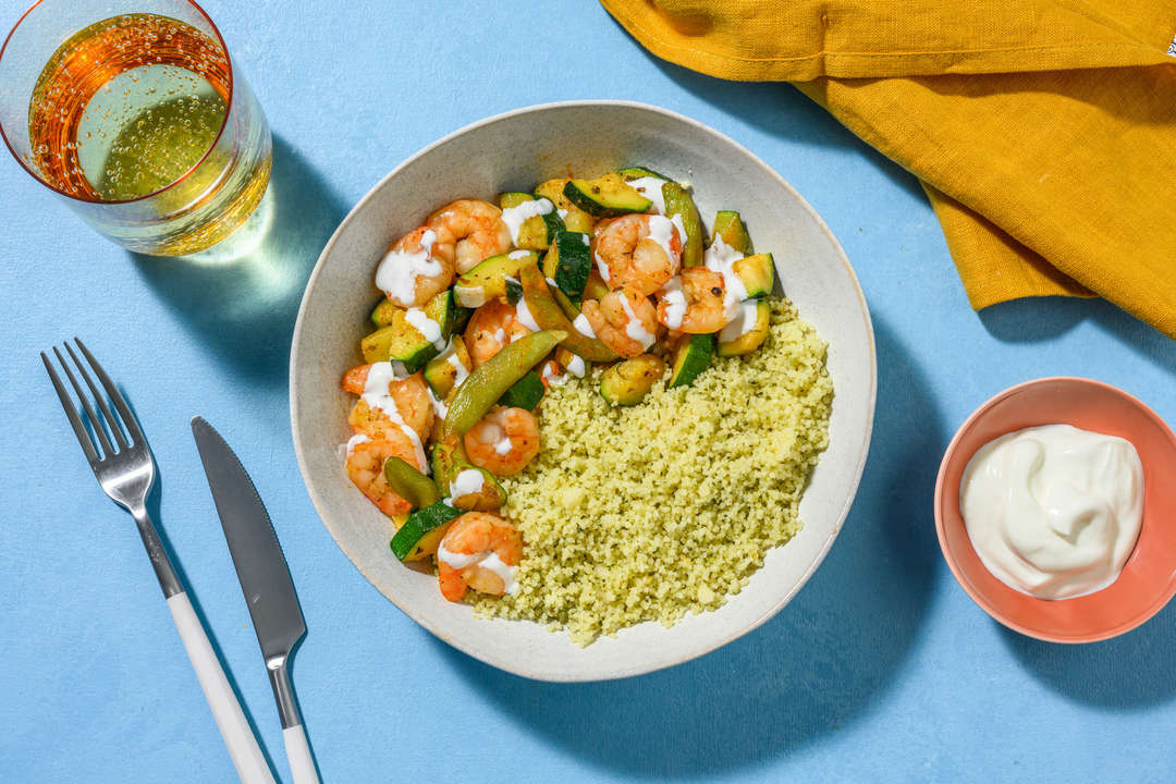 Prawns with courgette on couscous