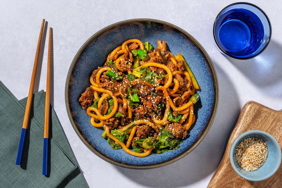 Beef noodles cooked at home in a pan
