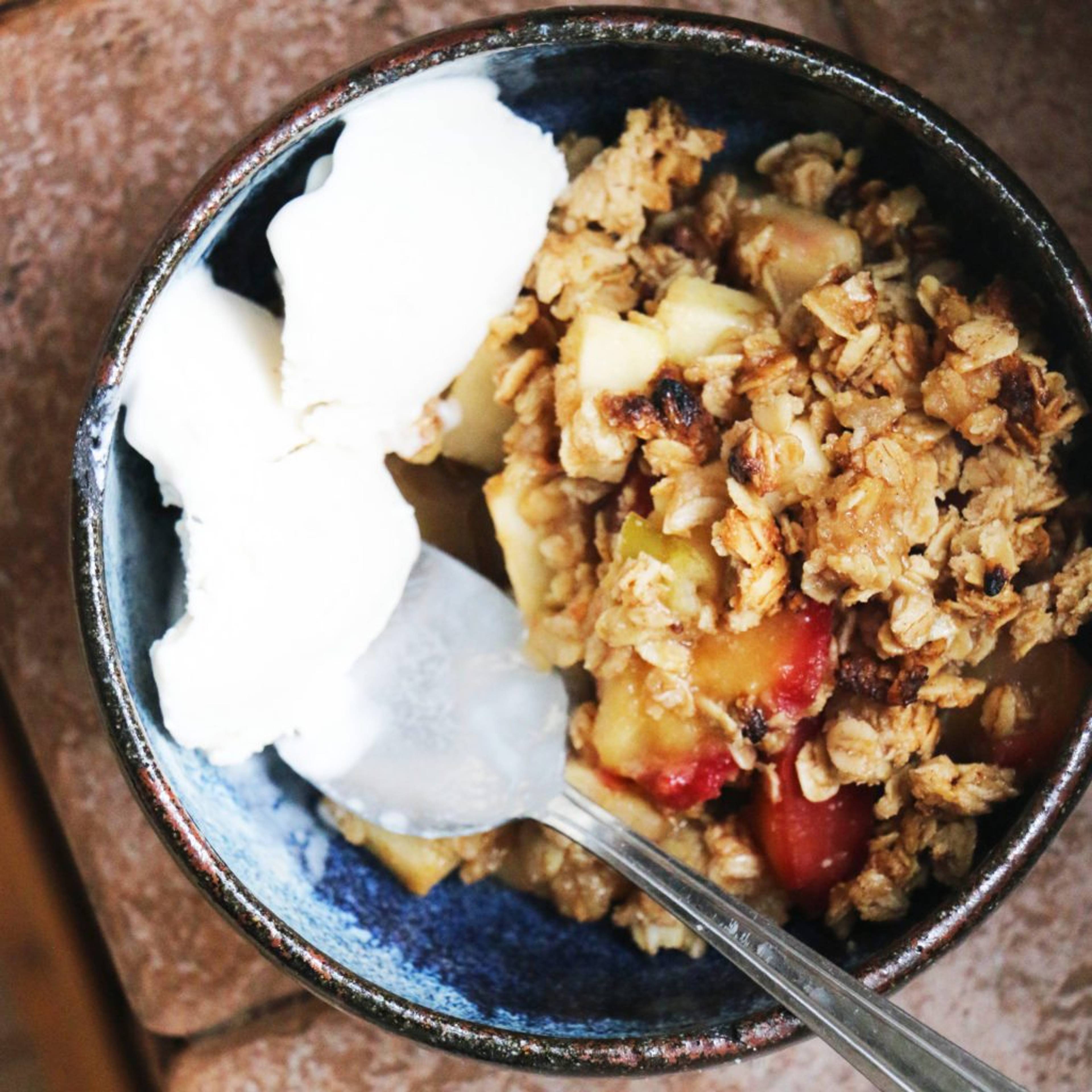 Apple, plum, pear vegan crumble