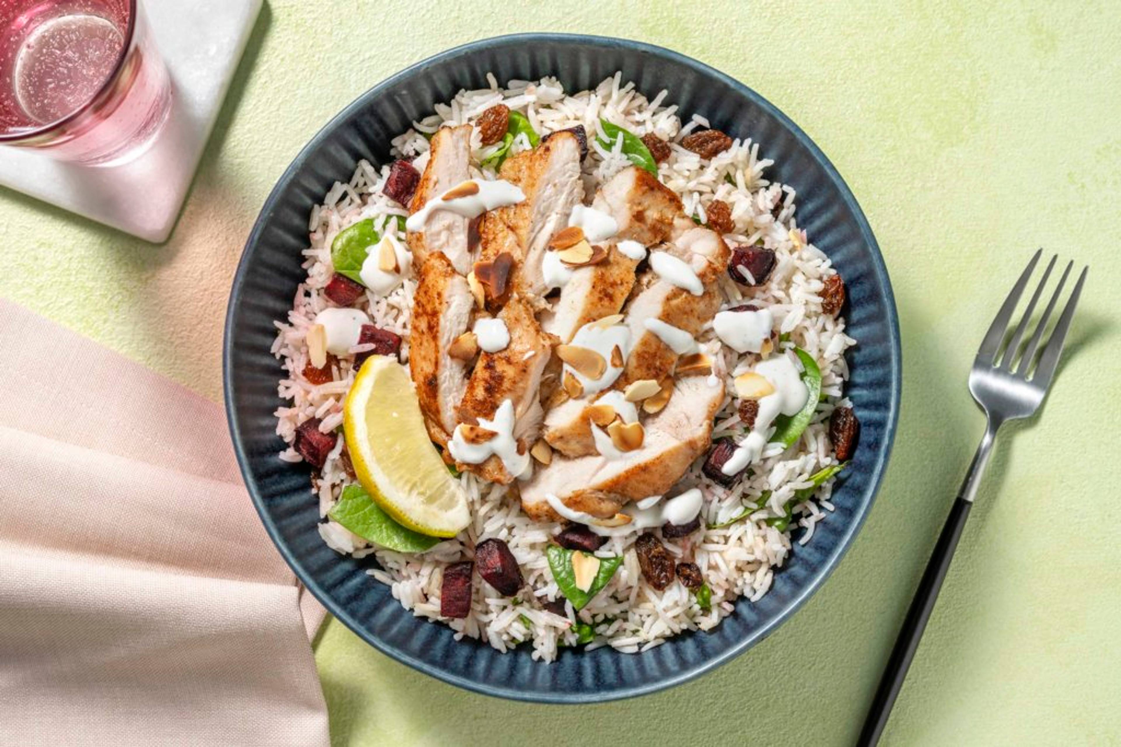 Harissa Chicken on Jewelled Bulgar with Charred Courgette and Mint Yoghurt